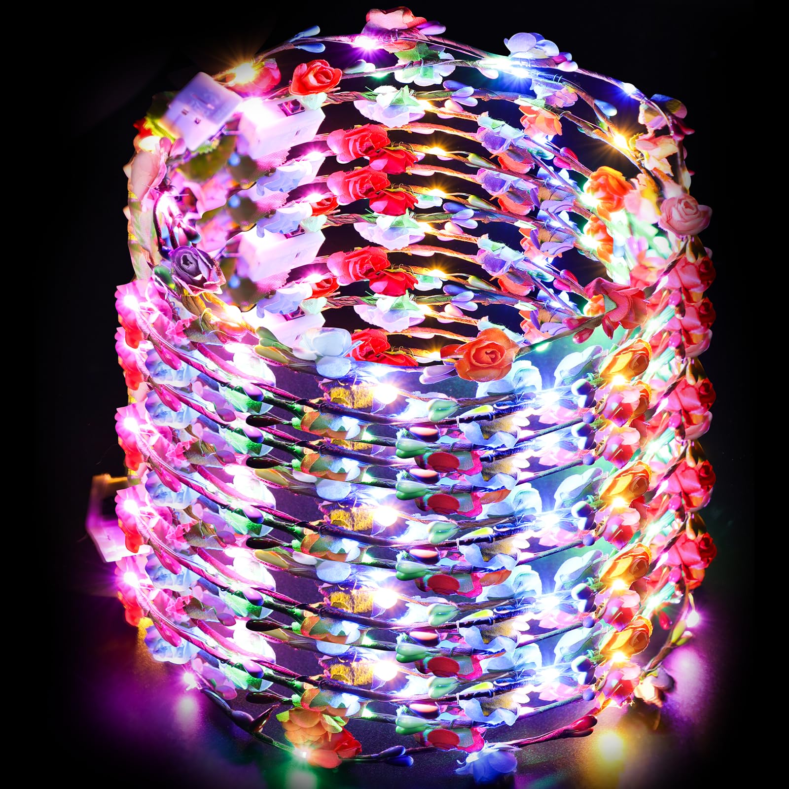 24 Stück LED Blumenkranz Stirnband – Leuchtender Haarkranz für Damen & Kinder, Festival Party Kopfschmuck, Hochzeit, Geburtstag, Weihnachten, Mallorca Accessoires