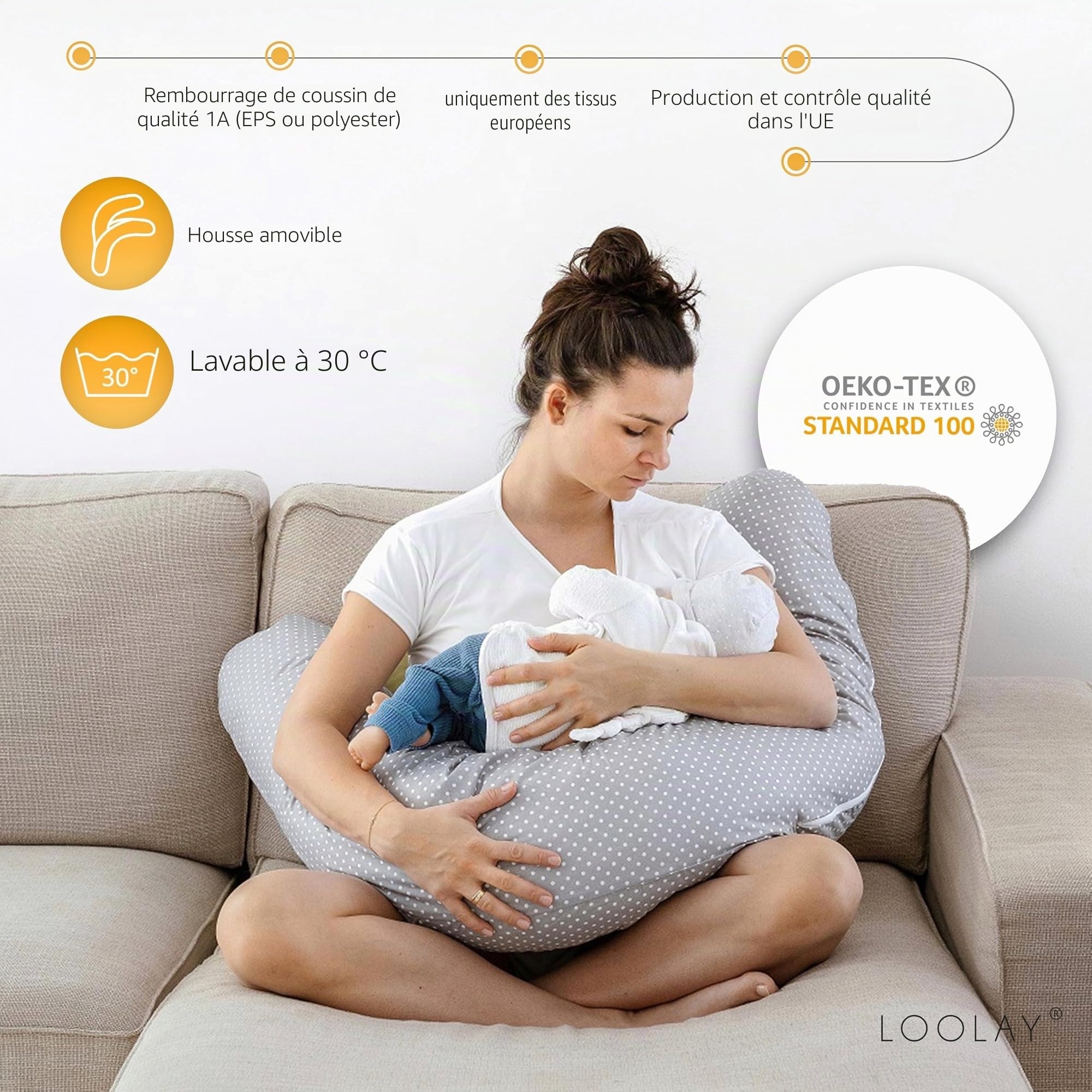 LOOLAY Coussin de grossesse - Coussin d'allaitement - 170 cm - Coussin de positionnement latéral - 100 % coton - Avec housse amovible - Ergonomique - Pour dormir (gaufre, taupe, cappuccino/pois marron