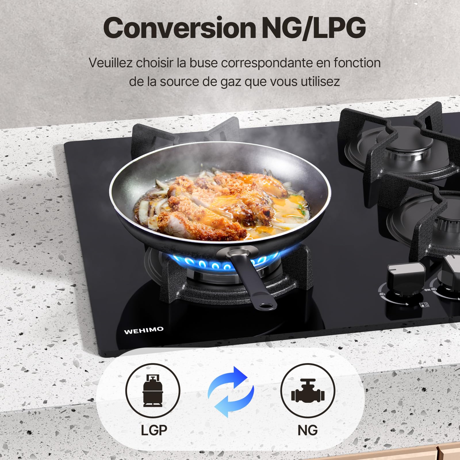 Plaque de Cuisson Gaz 4 Feuxs Encastrable 60cm 7800W Grille Fonte Verre Noir