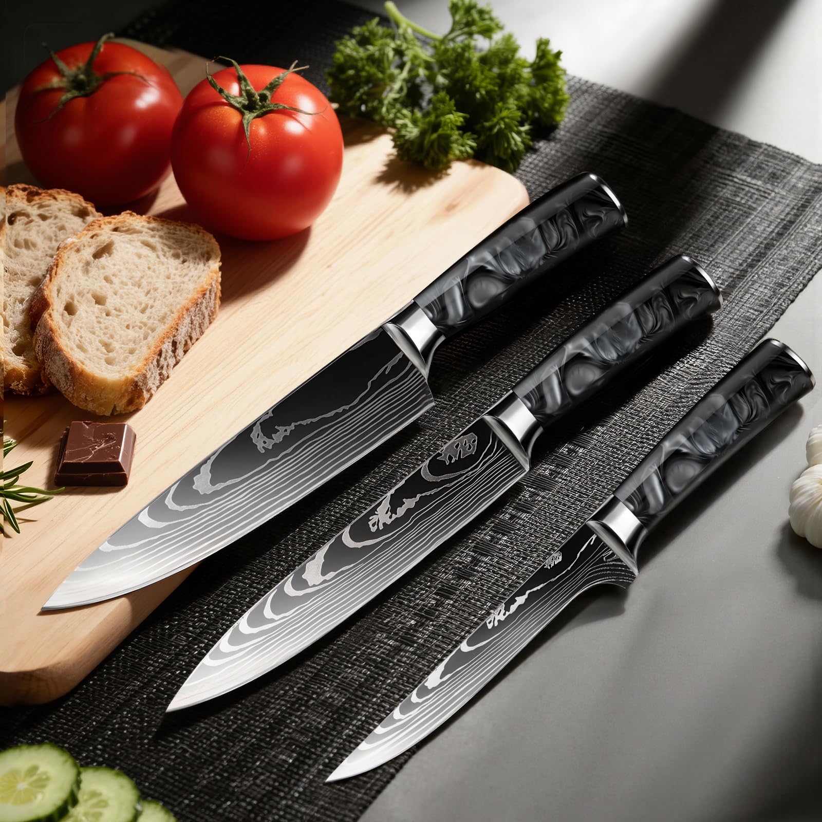 Set Coltelli da Cucina, 10pz, con Coltelli da disosso, Coltelli per frutta e Coltelli da Chef, Manico in resina, Acciaio Inossidabile, Damasco, set coltelli da cucina professionali(Nero)