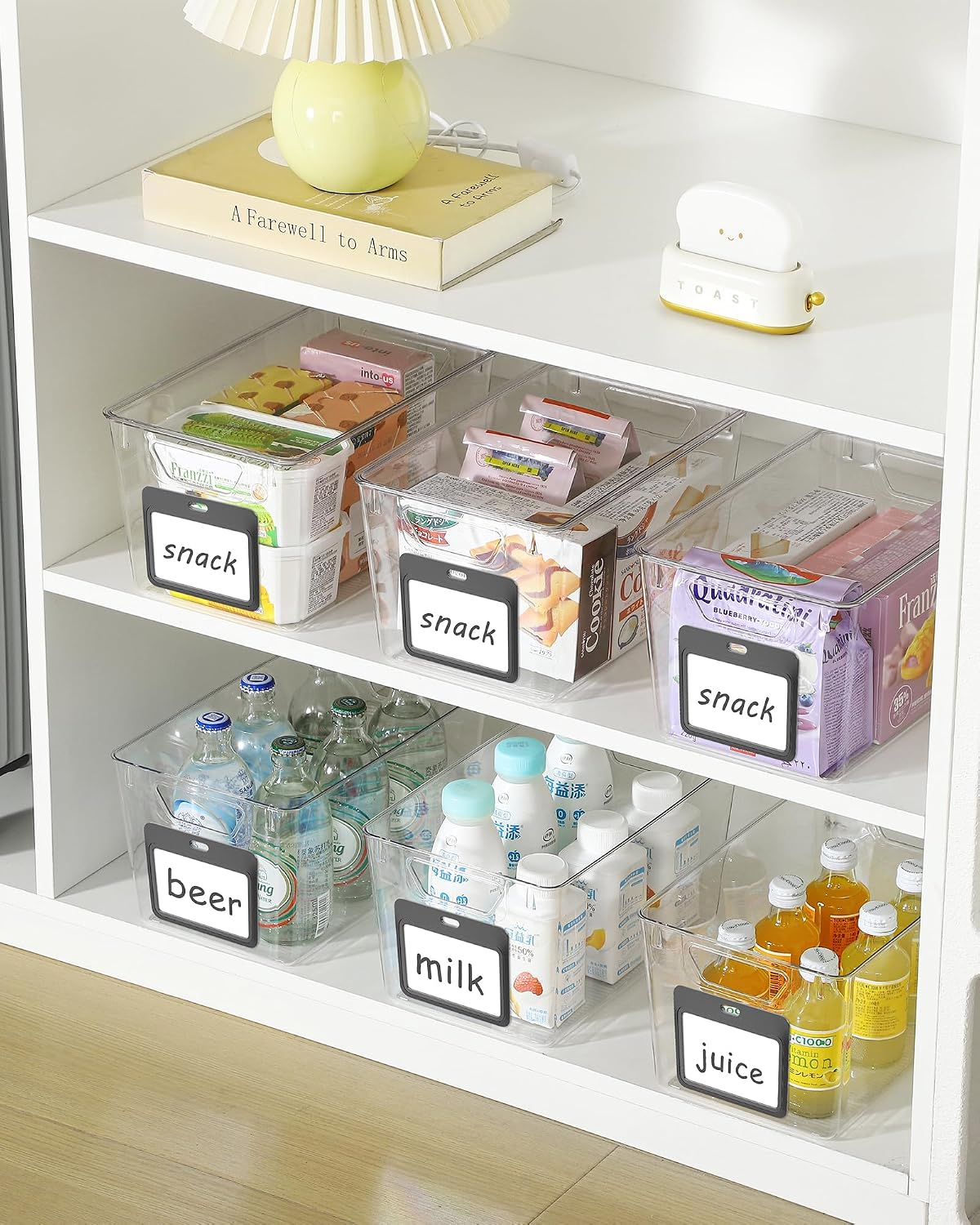 iCASA 6 Pack Clear Plastic Storage Bins with Labels for Pantry Organization | Large Clear Bins for Organizing, Ideal for Shelves, Cabinet, Under Sink, Laundry, Closet, Kitchen, Fridge, Bathroom Organizer