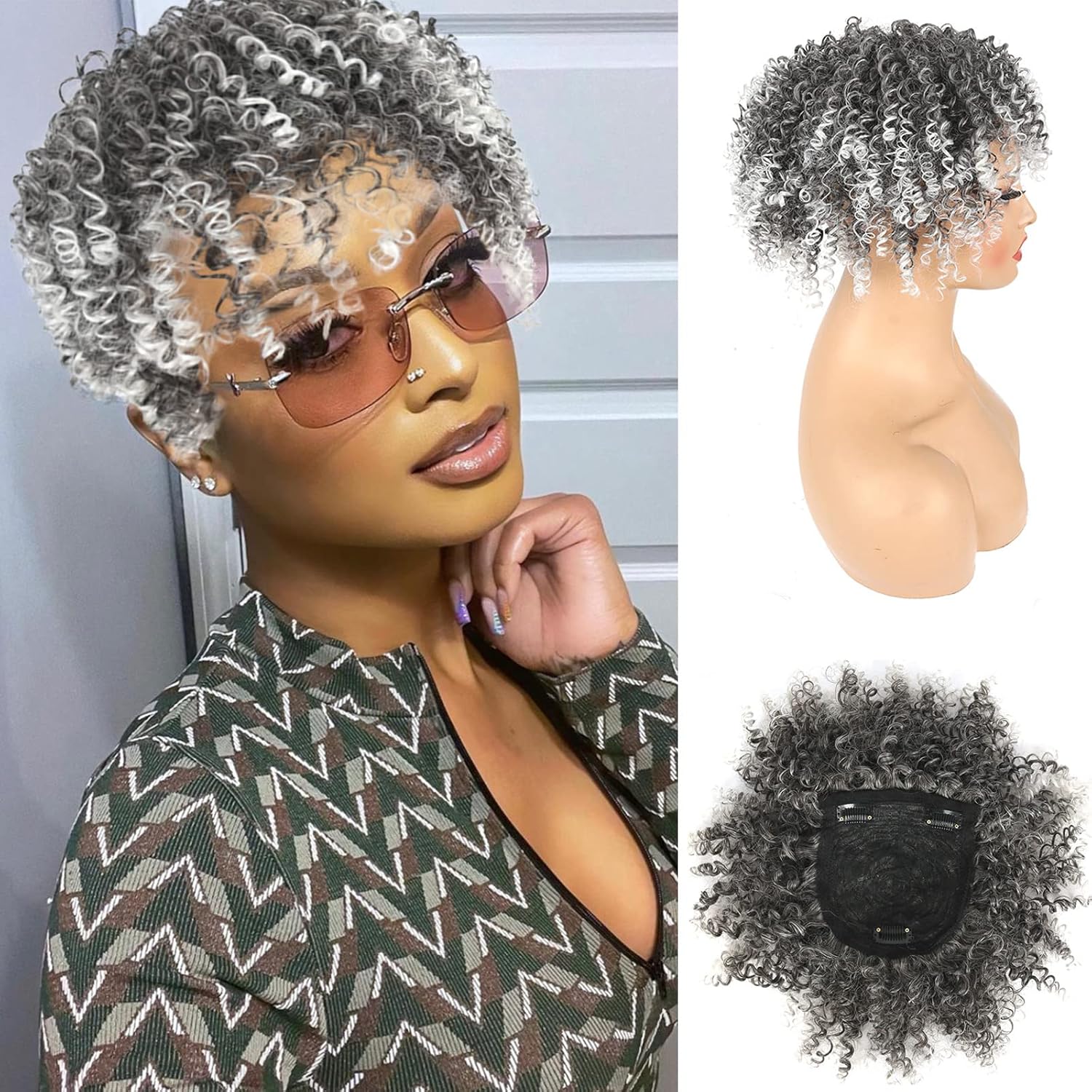 Matthia Short Afro Curly Hair Toppers for Women With Thinning Hair – Clip in Bangs, Synthetic Ombre Silver Curly Hairpieces for Women Men Wiglets Extensions (1B/Gray#)