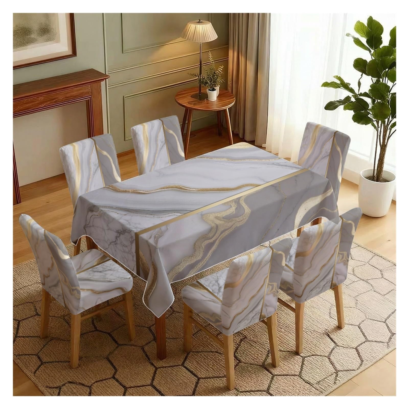 BOSUYBN Grey Marble Gold Fluid Streak Printed Dining Tablecloth & Chair Covers Set, 5/7 Piece Modern Minimalist Luxury Glam Dining Decor Table Setting(7pcs Set: Tablecloth+Chair Covers)