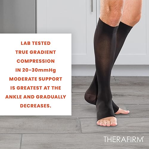 Miniatura 5 de THERAFIRM Medias altas hasta la rodilla con punta abierta, 20-30 mmHg con soporte de compresión moderada
