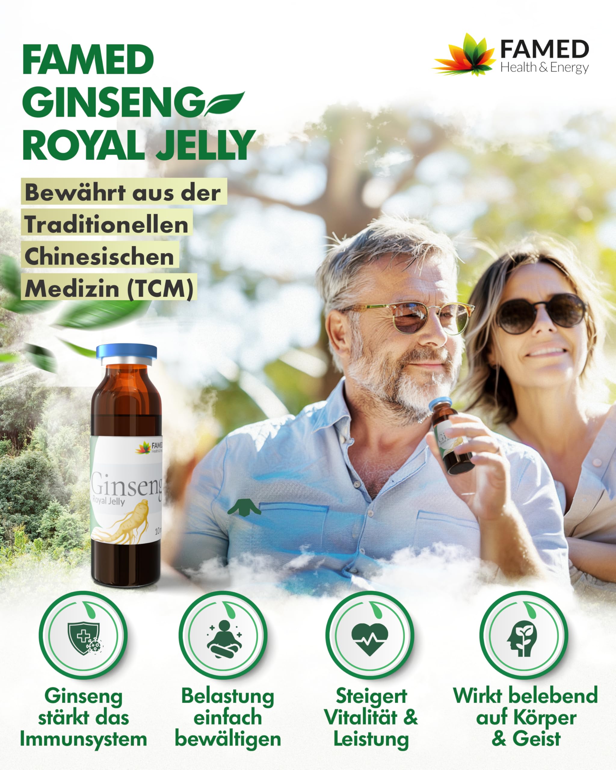 Ginseng Royal Jelly by FAMED – 30 Trinkampullen – reduziert Müdigkeit & stärkt das Immunsystem – 100% natürliche Inhaltsstoffe, hochdosiert & laborgeprüft