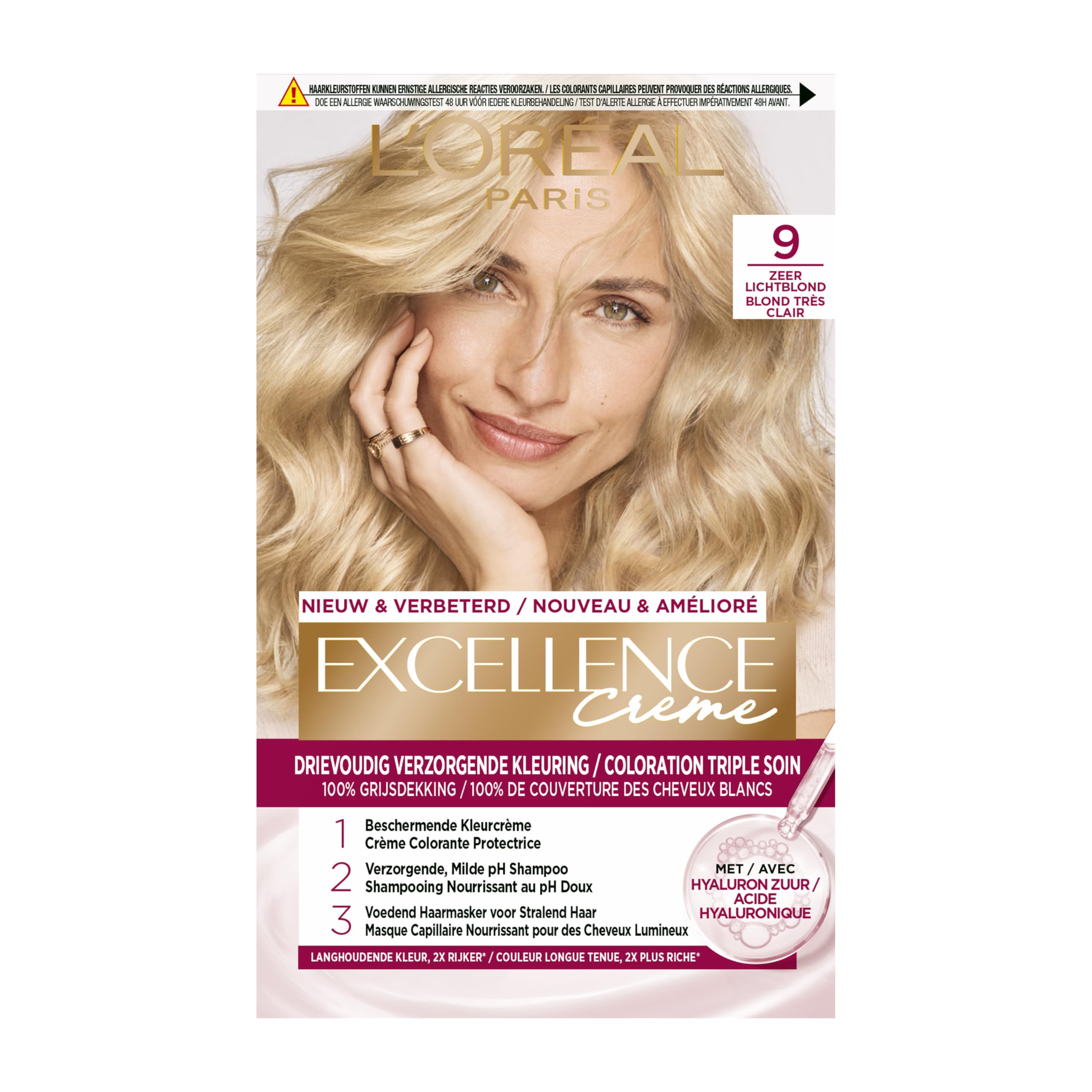 L’Oréal Paris Excellence Creme 9 9 - Zeer Licht Blond - Permanente haarkleuring met tot 100% grijsdekking - Bevat een beschermende crèmekleuring, een zachte pH shampoo en een voedend haarmasker
