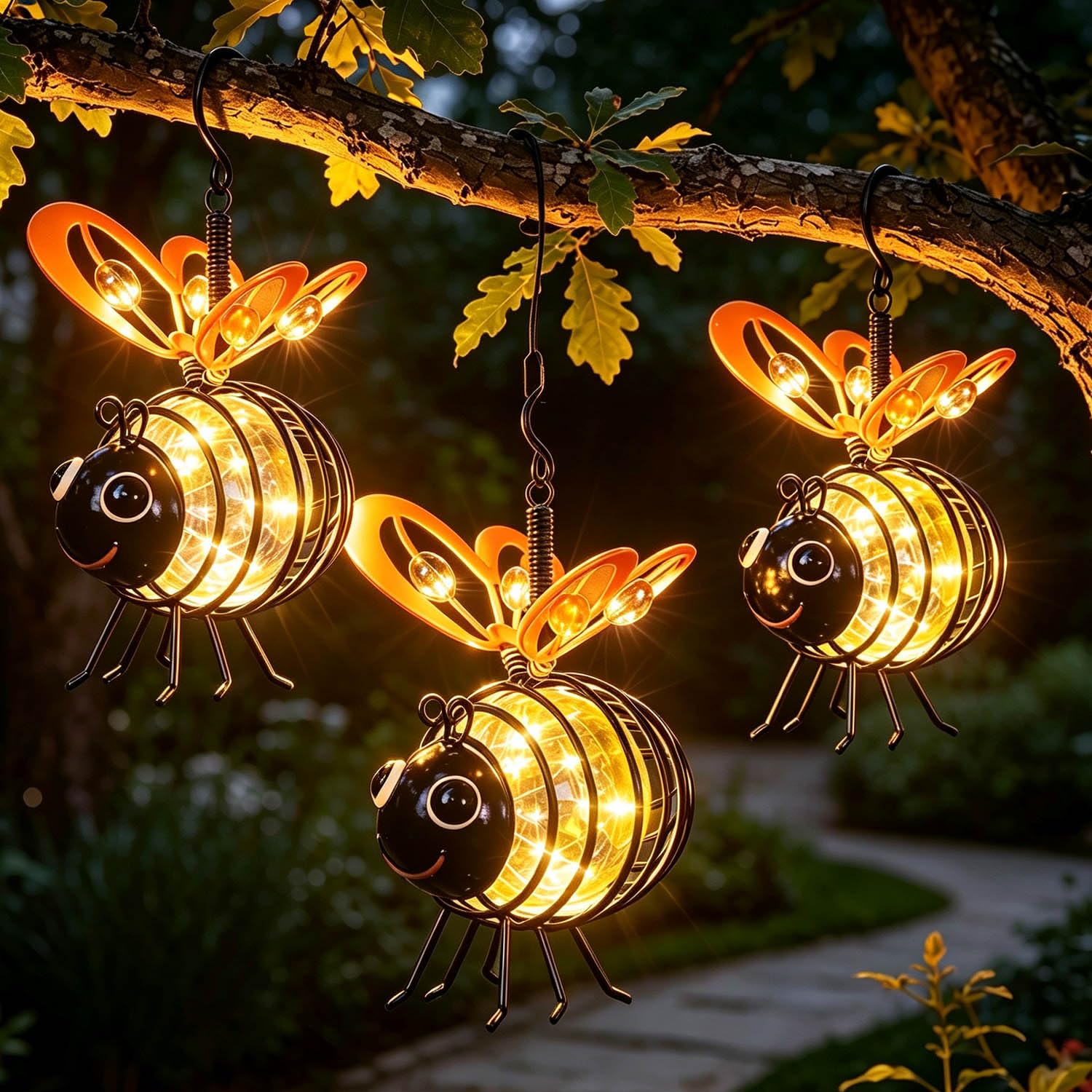 Solar-Powered Hanging Bee Light for Garden, 4-Pack Metal Glow Lanterns with Spring Hook, Flicker-Free Auto Sensor Outdoor Decor for Patio, Yard, Balcony & Tree Branches (3*Orange)