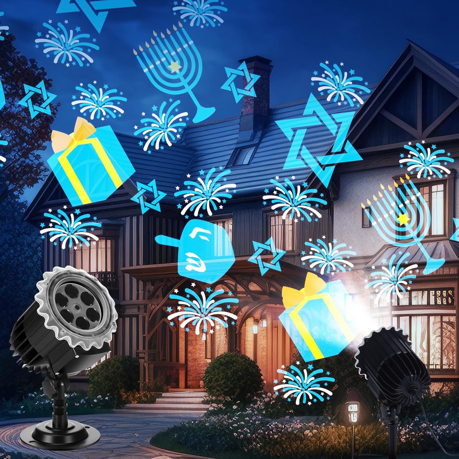 Hanukkah Projector Light with 1 Film Slides Holiday LED Projector Lights Outdoor Reflectors Waterproof Landscape Decorative Rotation Lighting Movement Projection Lamp for Party(Menorah)
