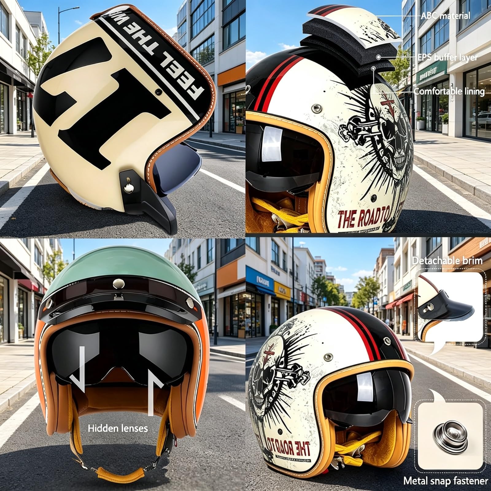 Casque Jet Classique Homologué ECE 22.06 & Conforme Dot, Casque Moto Rétro Bol Norme Européenne avec Visière Solaire Interne, Bord Amovible, Boucle Micrométrique, Scooter Cafe Racer