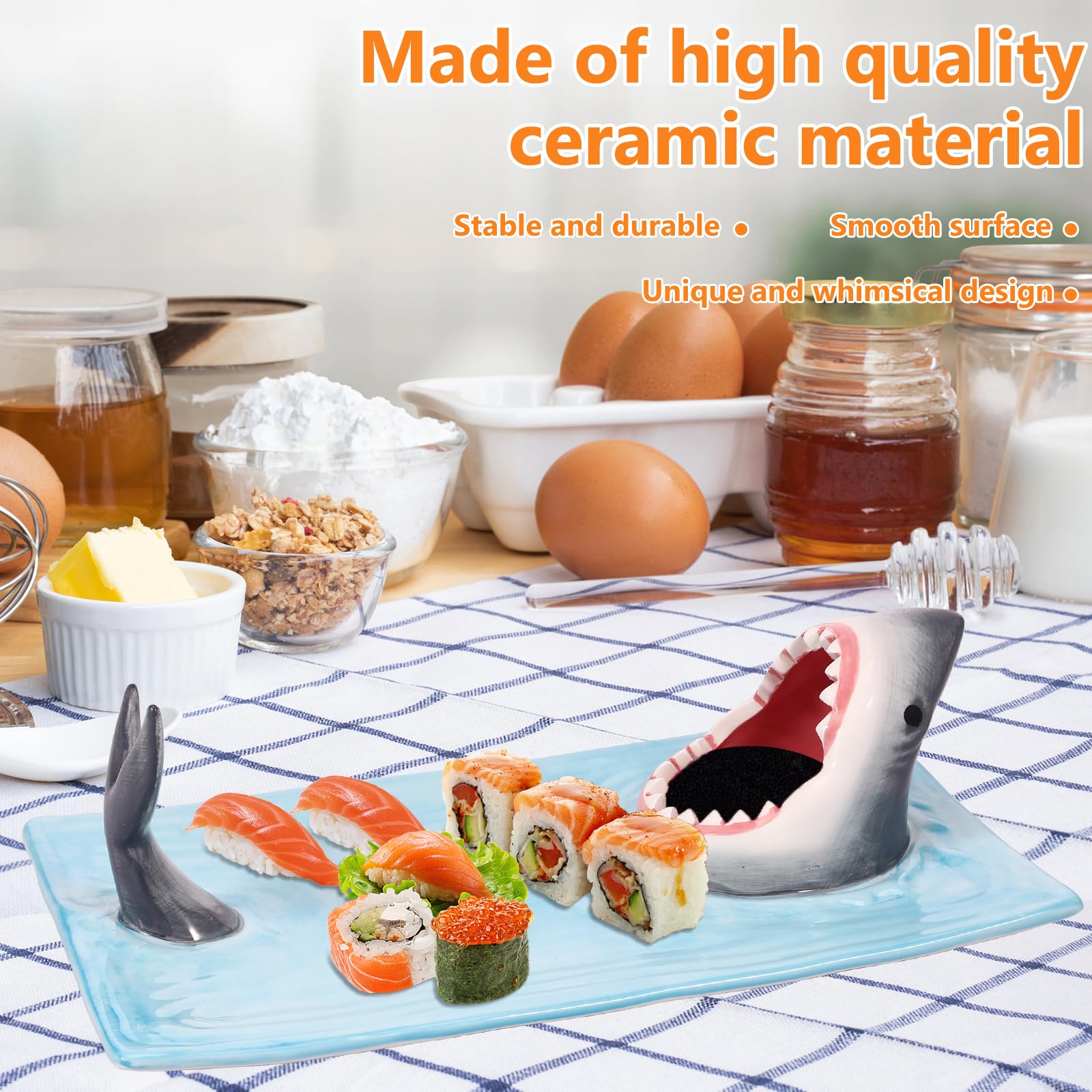 Plato para servir sushi, plato de porcelana de cerámica, 12.9 x 7.8 pulgadas, bandeja de comida de estilo japonés con soporte para salsa de soja, plato artístico para servir alimentos