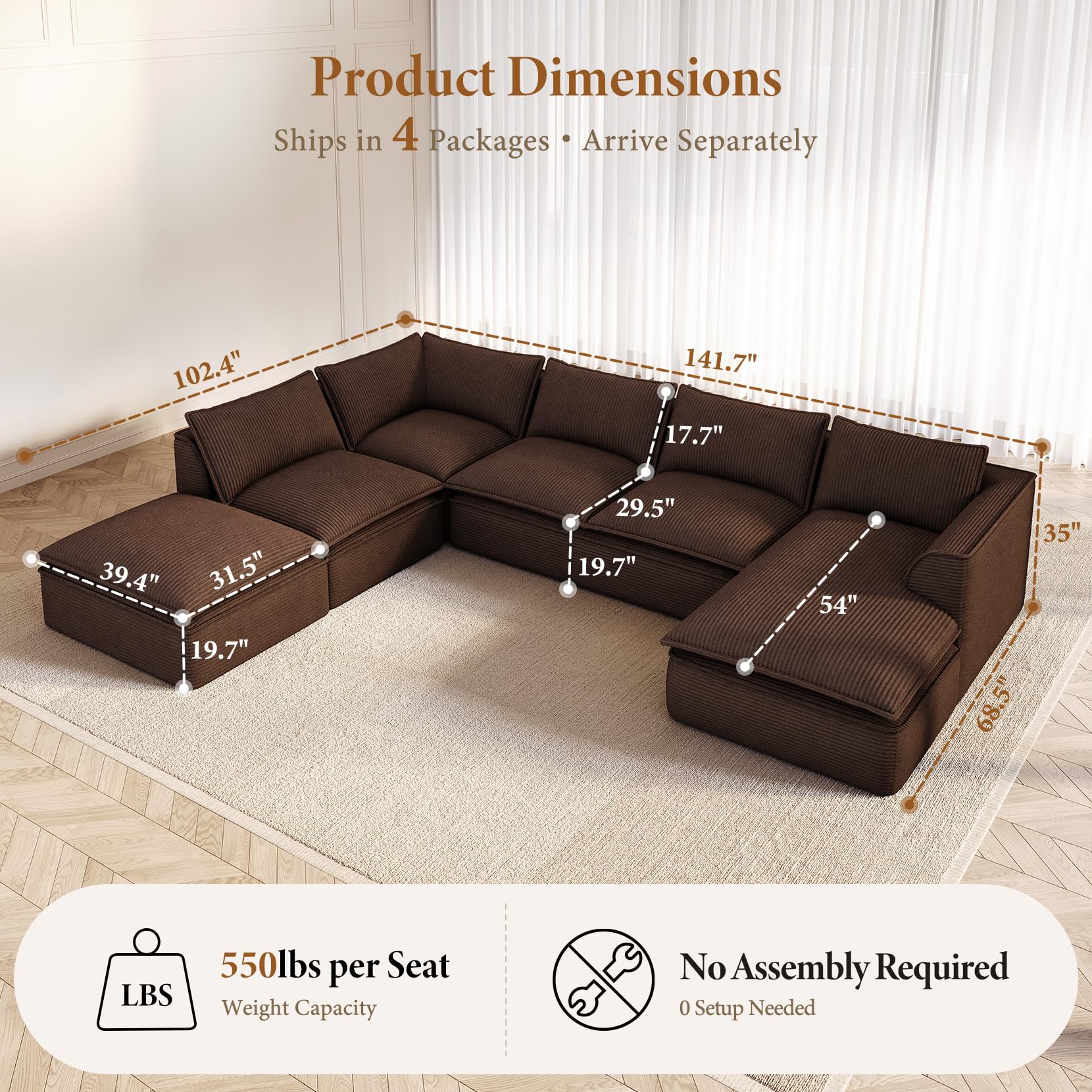 Vesgantti 7 Seater Boneless Sectional Couch, 141.7" Large Cloud Sofa, Brown | U Shaped Modular Couch with Chaise Ottoman, Deep Seat Sofa for Living Room, Pinstripe Corduroy, Curved Armrest, No Assembly