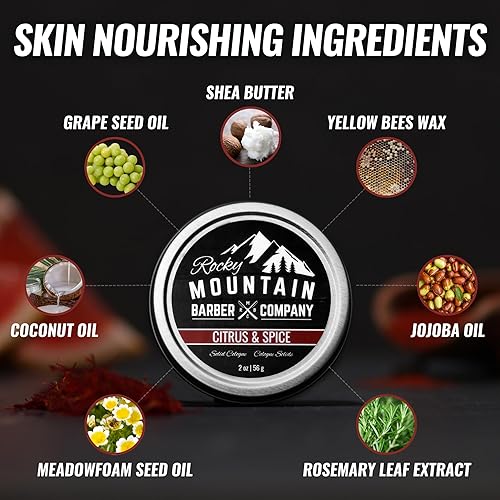 Miniatura 10 de Rocky Mountain Barber Company Colonia sólida para hombres, aroma cítrico y especias, tamaño de 2 onzas, hecha con aceite de coco, manteca de karité,