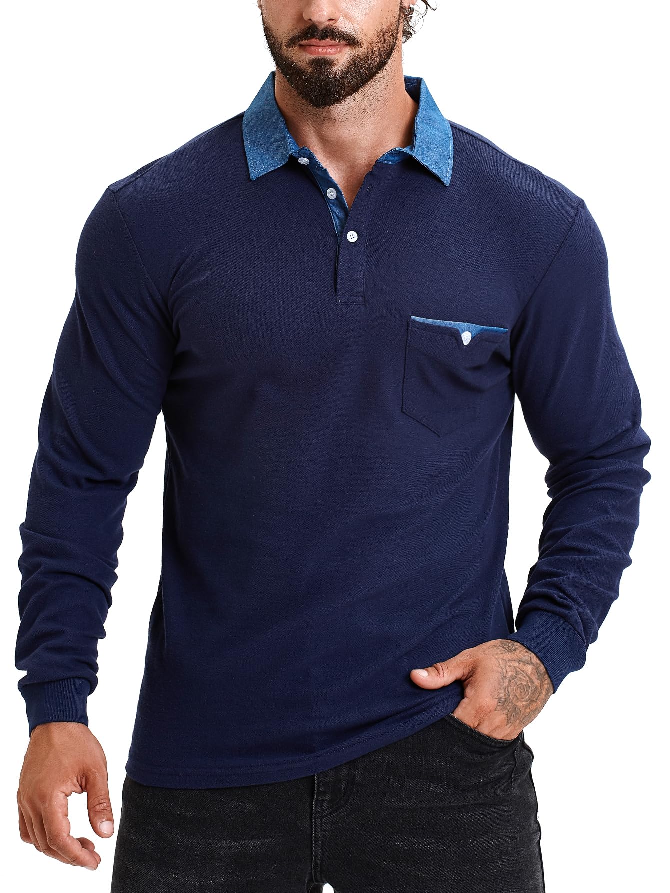 KUNJLELP Polo Camicia Uomo Manica Lunga Maglietta con Colletto in Denim Casuale Cotton Inverno Golf T-Shirt