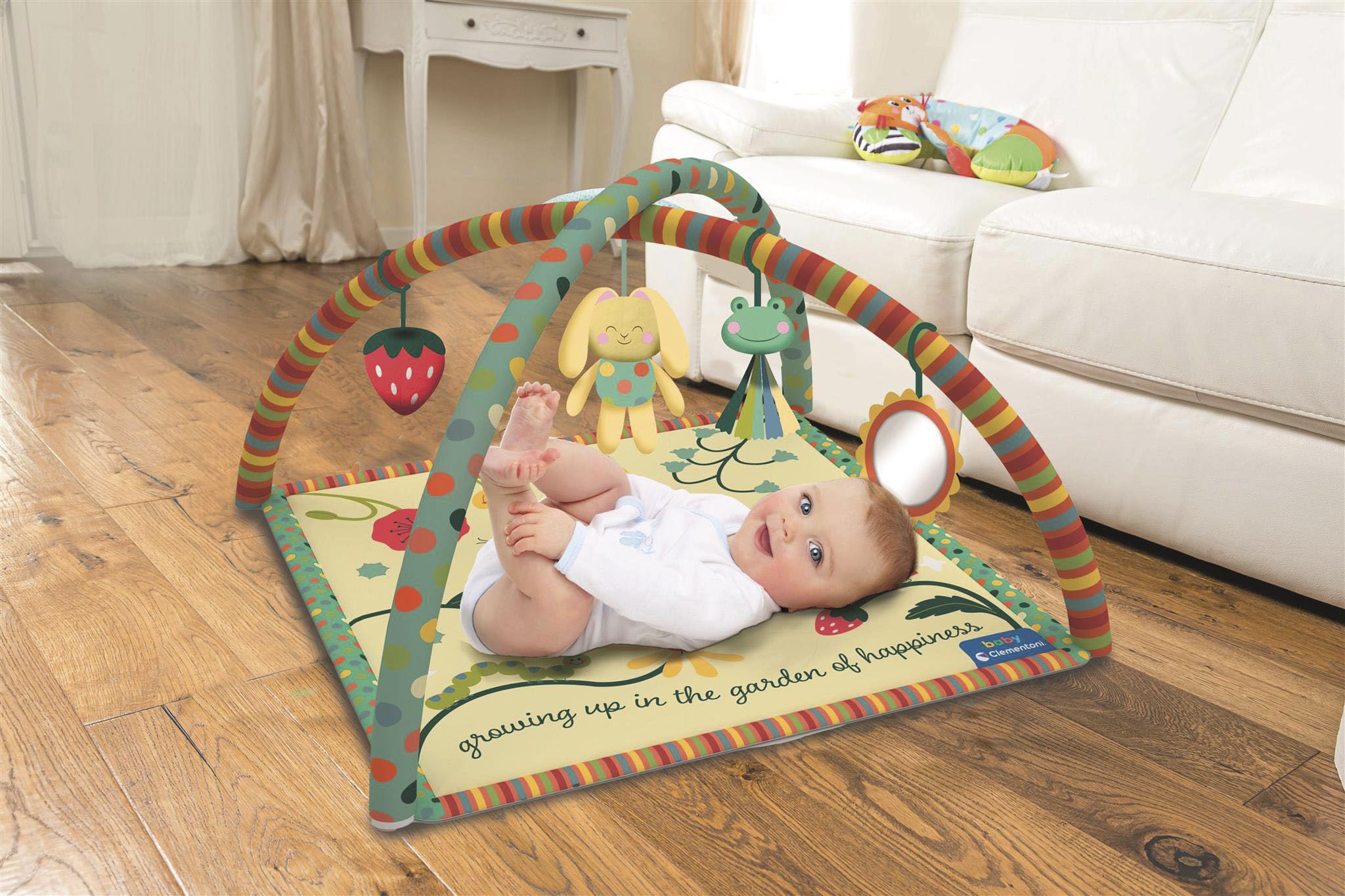 Baby Clementoni - Happy Garden Activity Gym, Palestrina Neonato 0+ Mesi, Stimola lo Sviluppo Sensoriale e Motorio con Suoni e Attività Interattive Divertenti, 17972