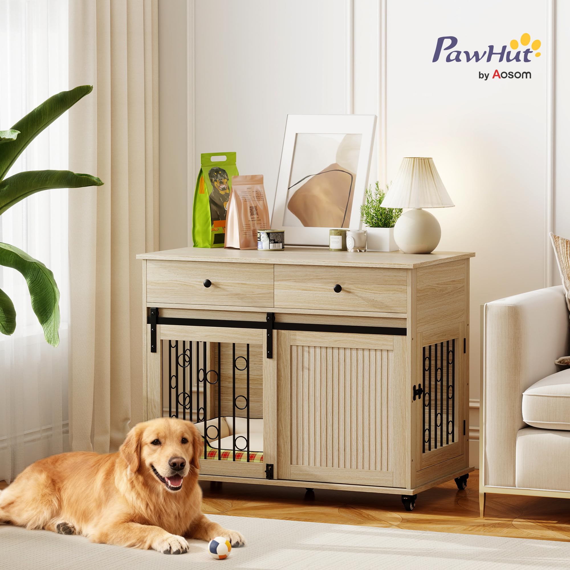 PawHut Jaula para Perros con Ruedas, Mesa Auxiliar, Casa para Mascotas Moderna con 2 Cajones, 2 Puertas y Cierre, para Perros Medianos y Grandes, 100x56x81 cm, Roble