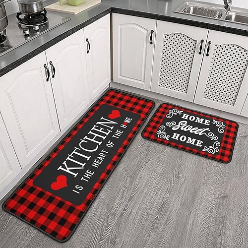 Miniatura 2 de Juego de 2 alfombras de decoración de cocina a cuadros rojos y negros, estilo granja, para interiores, alfombras y tapetes antideslizantes y