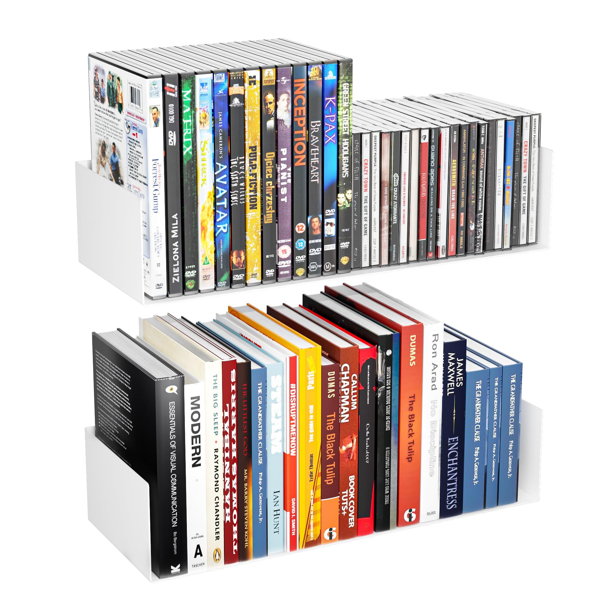 YFEEN Metal Bali Floating Wall Shelves 15.5IN for Storage and Decor Wall Mounted CD DVD&Books Perfume, Make up Storage Shelves Living Room, Bedroom, Bathroom & Kitchen,2Pack (White, 15.5 INCH)
