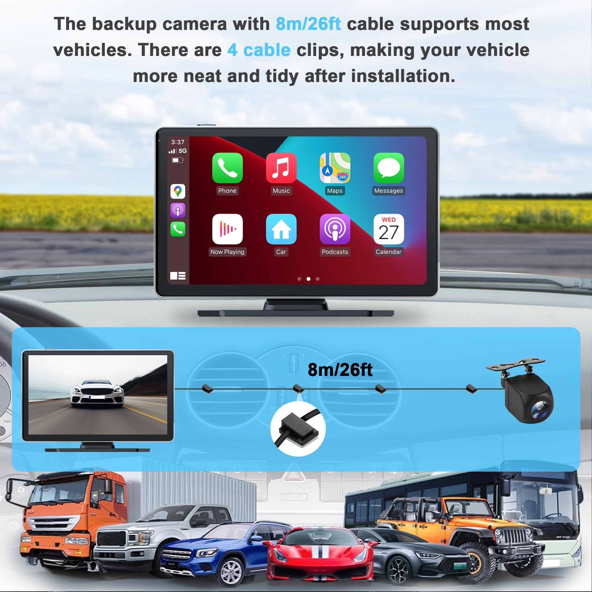 Wireless Car Stereo,9 Inch CarPlay Screen for Apple Car Play & Android Auto,Portable Touch Wireless Car Play Screen Mirror Link Music Video Player, with 4K Front+Rear 1080P Dual Camera Dash Cam — view 4