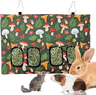 JarThenaAMCS Rabbit Hay Feeder Bag with 4 Holes Mushroom 18 x 12 Inch Guinea Pig Hanging Hay Feeding Bag Storage Dispenser for Chinchilla Hamster Bunny Small Animal Pet