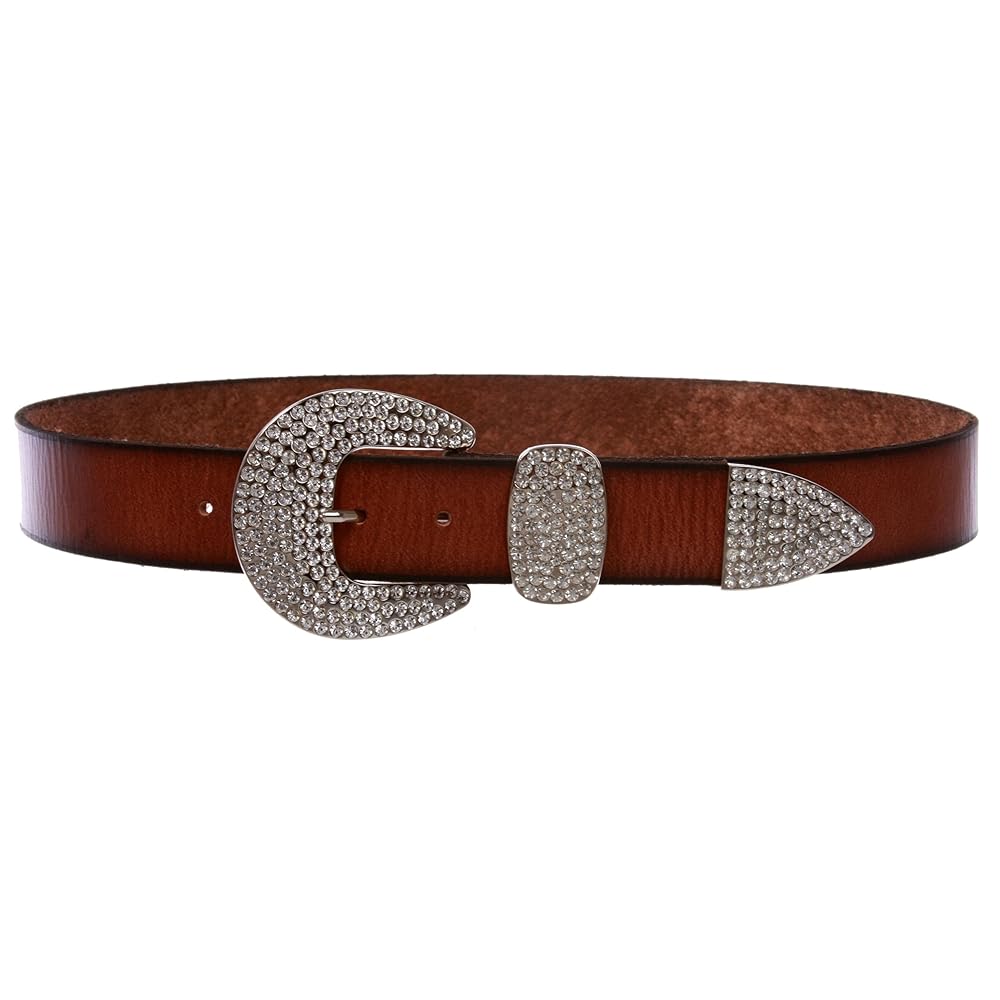 Women's Solid Real Leather Belt with Western Rhinestone