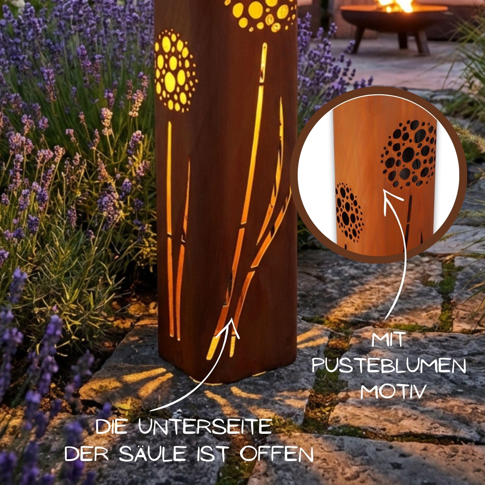 Rostikal Cortenstahl Gartensäule Pusteblume 80 cm Edelrost Gartendeko Rost | Rostsäule, Blumensäule und Dekosäule - Rostdeko Gartenskulptur, witterungsbeständig für draußen