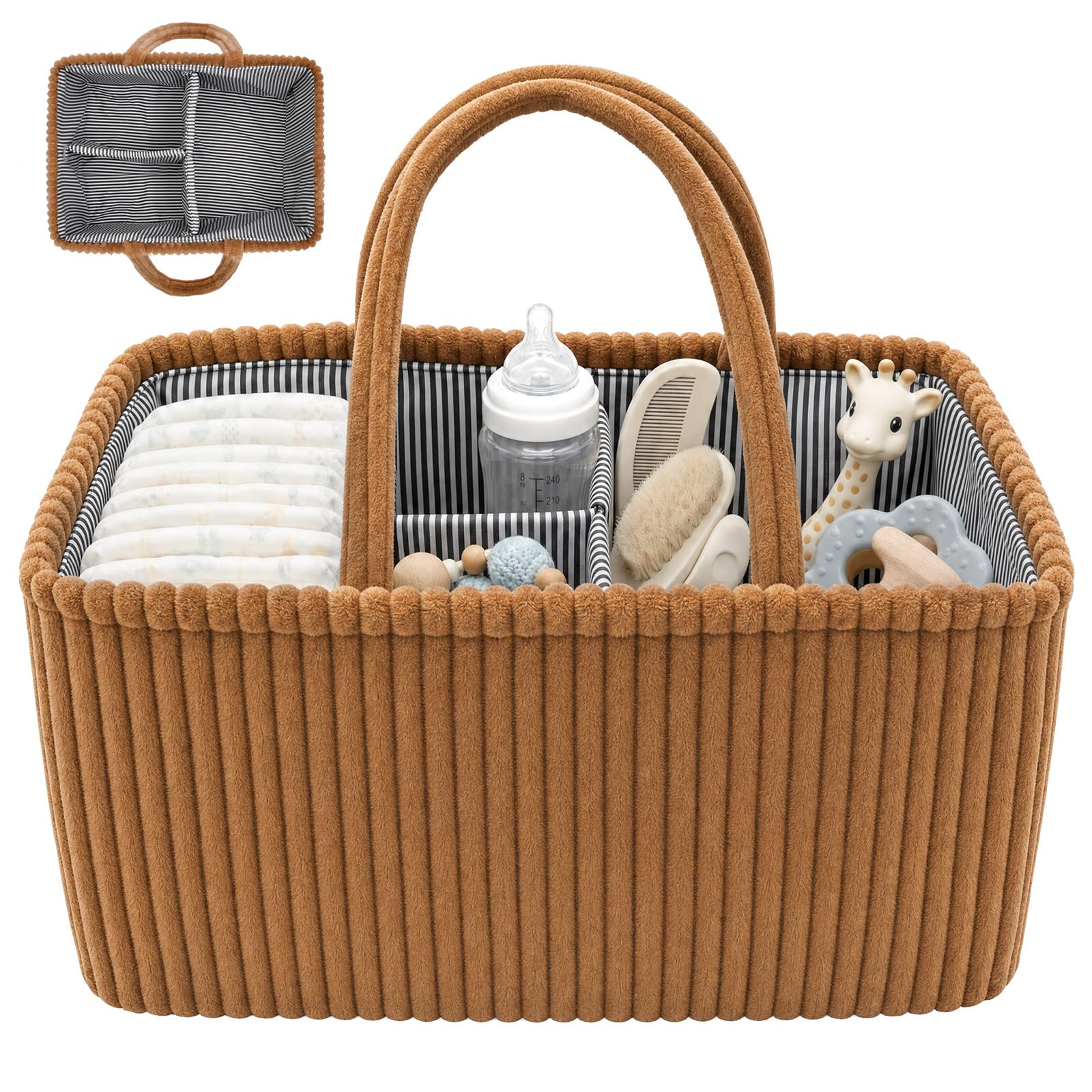 Bpyhebe Divided Corduroy Diaper Caddy Organizer Bin Foldable Storage Basket with Handle for Baby Nursery Car Bathroom Bedroom(Brown)