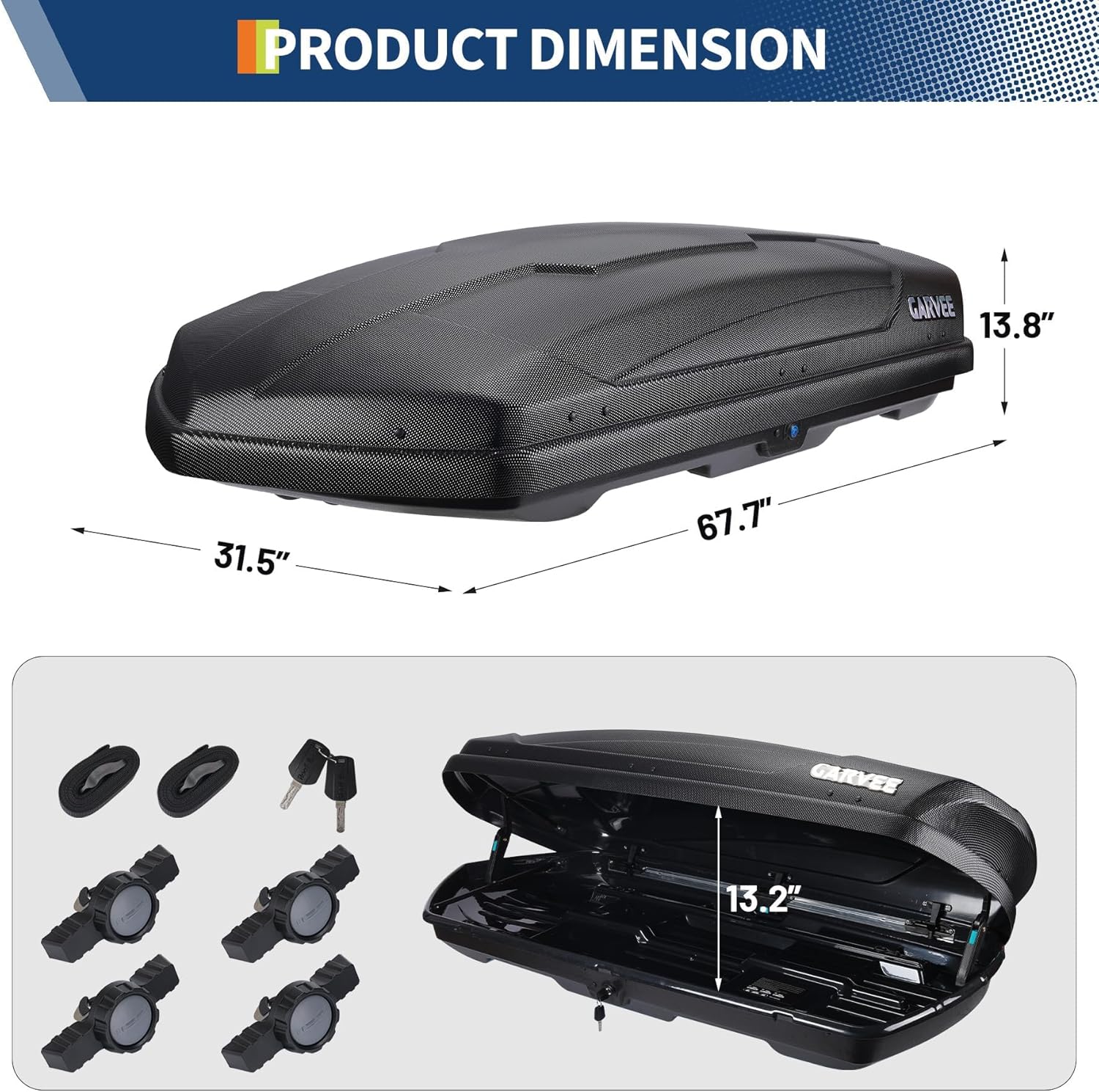 Dual-Side Opening Hard Shell Rooftop Cargo Box - 14 Cubic Feet, 135 lbs Capacity, Lockable ABS Storage, Secure Straps & Keys, Black Waterdrop Texture
