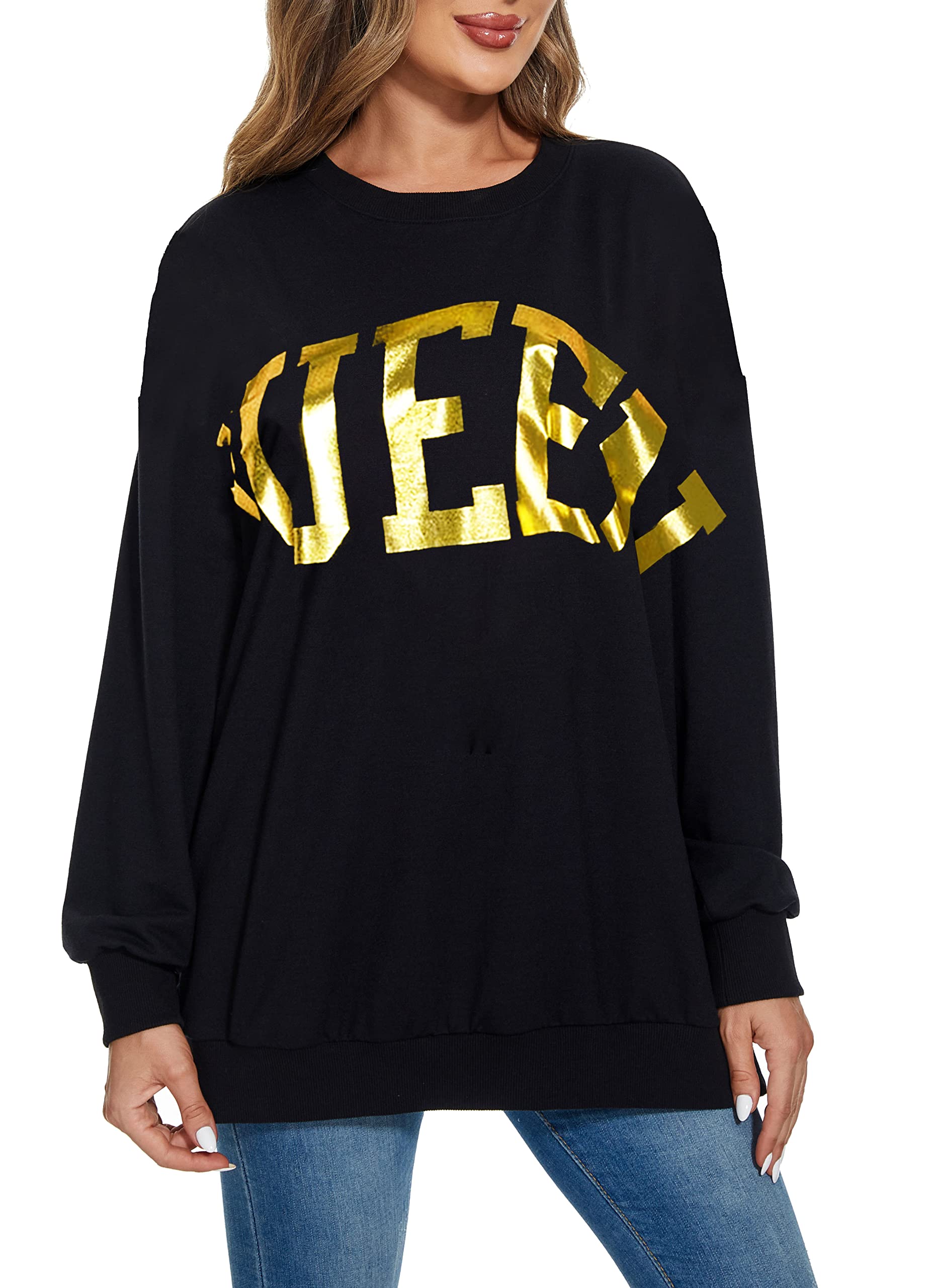 PESIONWomen's Novelty Oversized Sweatshirt Crewneck Long Sleeve Fringe Trim Shirt Pullover Tops