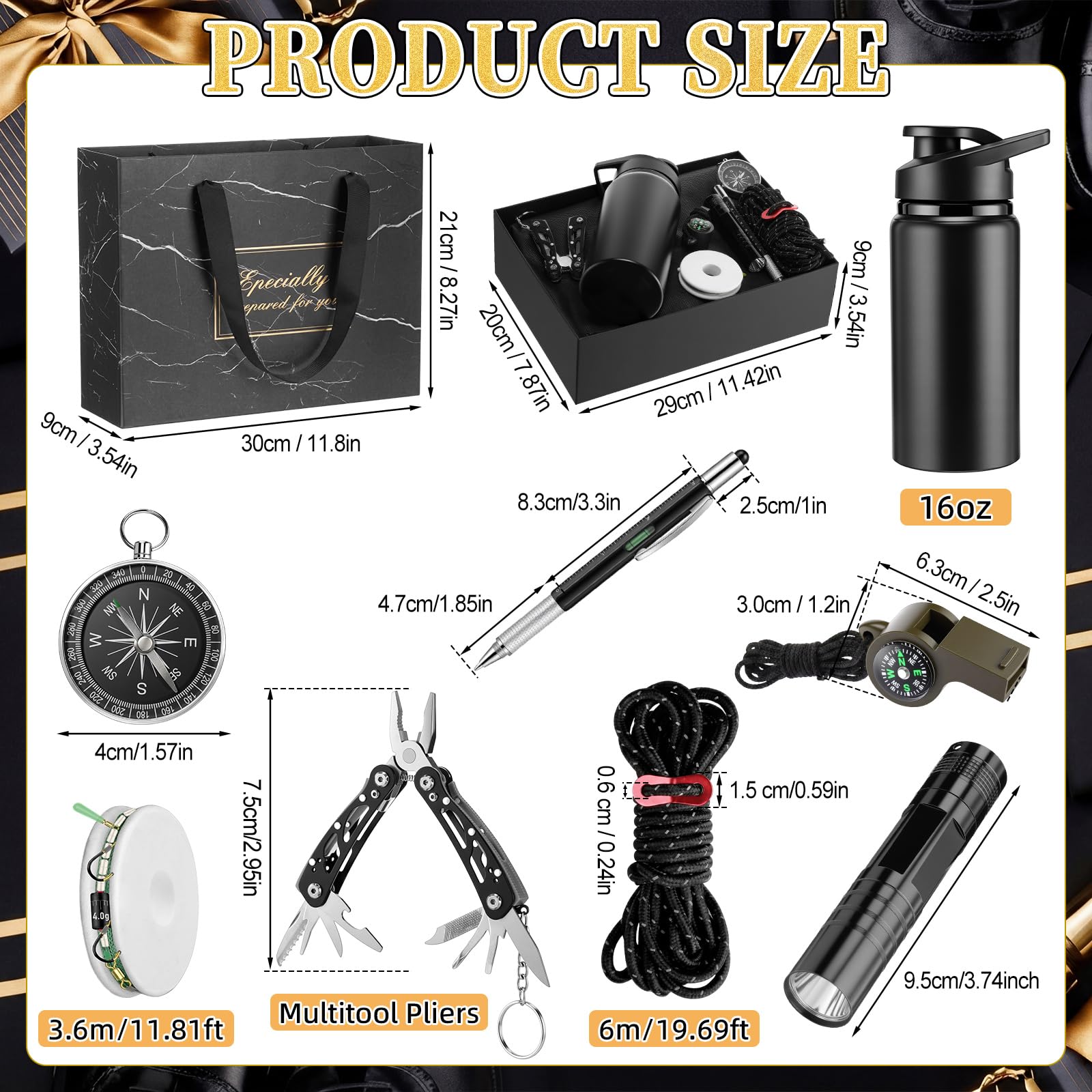 Kit de survie 9 pièces, panier d'anniversaire pour homme, boîte pour papa, équipement d'urgence en plein air avec bouteille d'eau, lampe de poche, boussole, sifflet, cadeau de camping