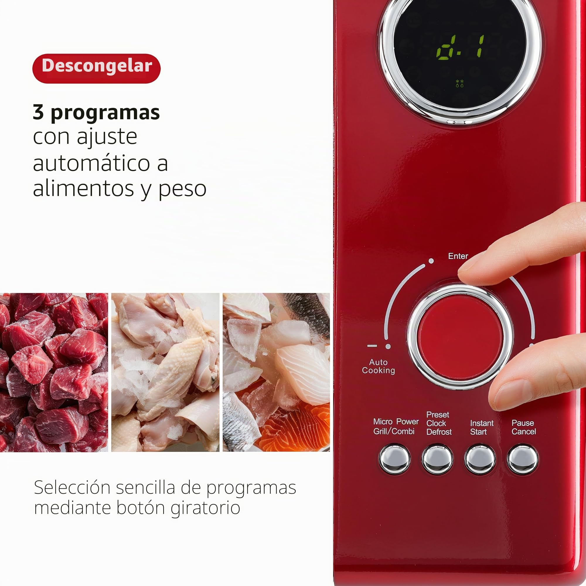 Salco Microondas 2 en 1 | Estilo retro | Capacidad 23 L | 900 W | 12 programas incluyendo descongelar y calentar | Función exprés | Plato giratorio y rejilla grill incluidos | Rojo metálico