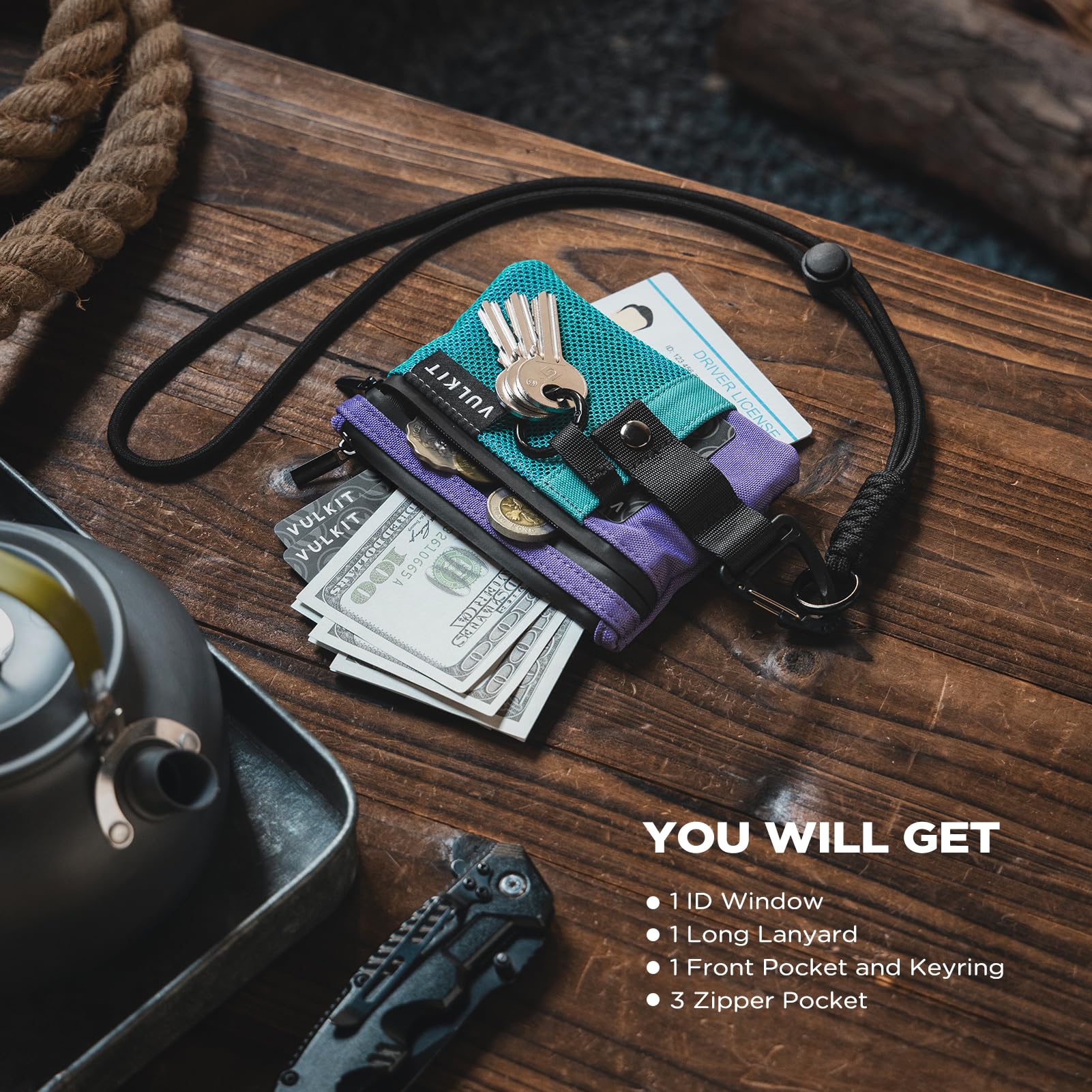 VULKIT Cartera pequeña Minimalista con Ventana de identificación, Tarjetero con Bloqueo RFID Cartera Resistente al Agua con Cremallera para Tarjetas de identificación (Verde Aaua-Morado)