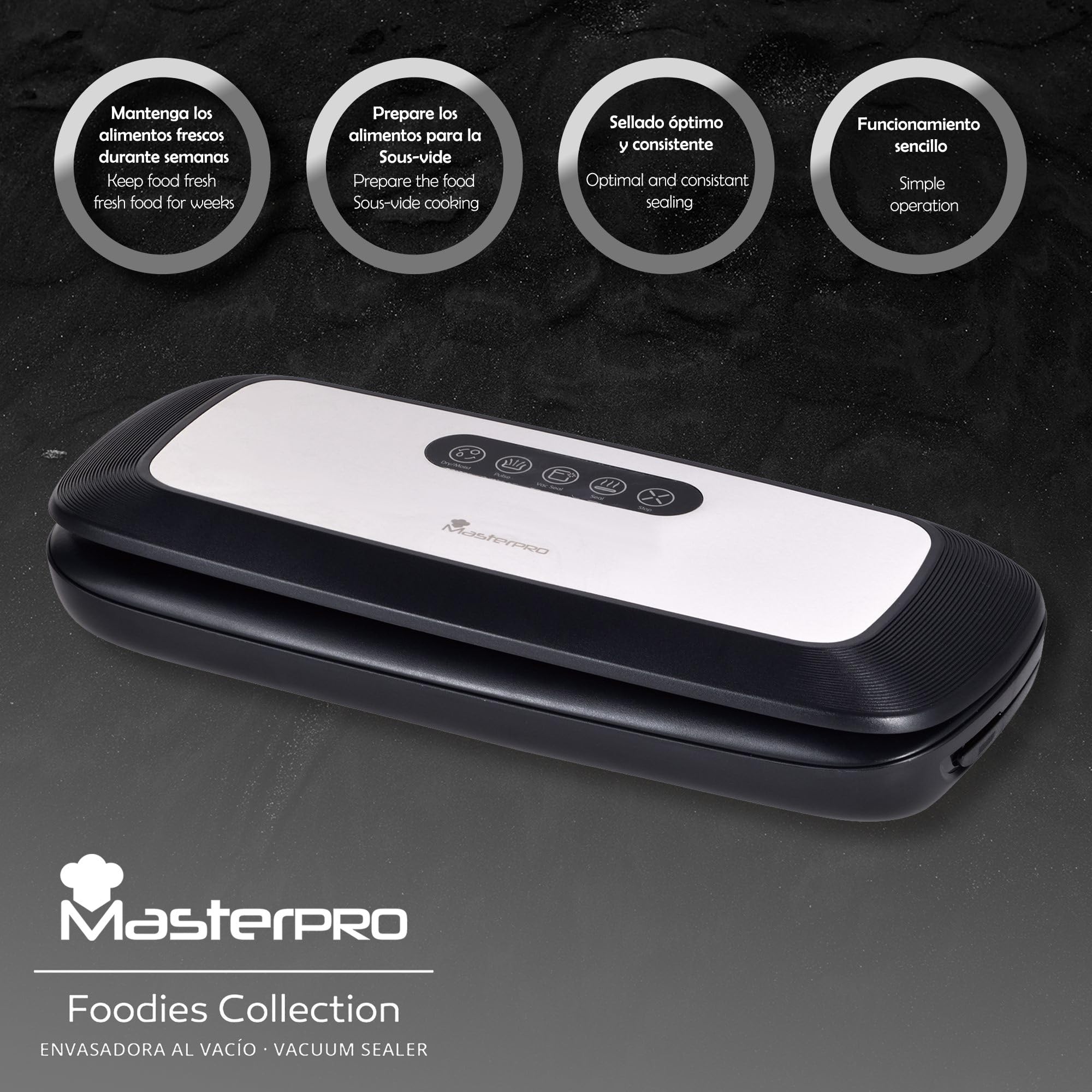 MasterPro Foodies | Macchina Sottovuoto da 130W| Macchina Sigillatrice di Sacchi a Vuoto con Pressione di Vuoto -60kpa | Sigillatrice con Copertura in Acciaio Inox | Schermo LED |Colore Nero e Metallo