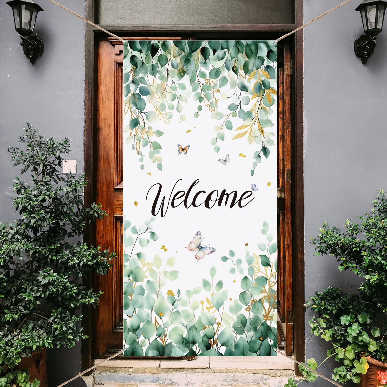 arricraft Green Plants Welcome Door Banner, Green Leaves and Butterflies Door Cover Background Seasonal Porch Door Sign for Indoor Outdoor Decor Party Supplies 35.4x72.8 Inch(90x185cm)