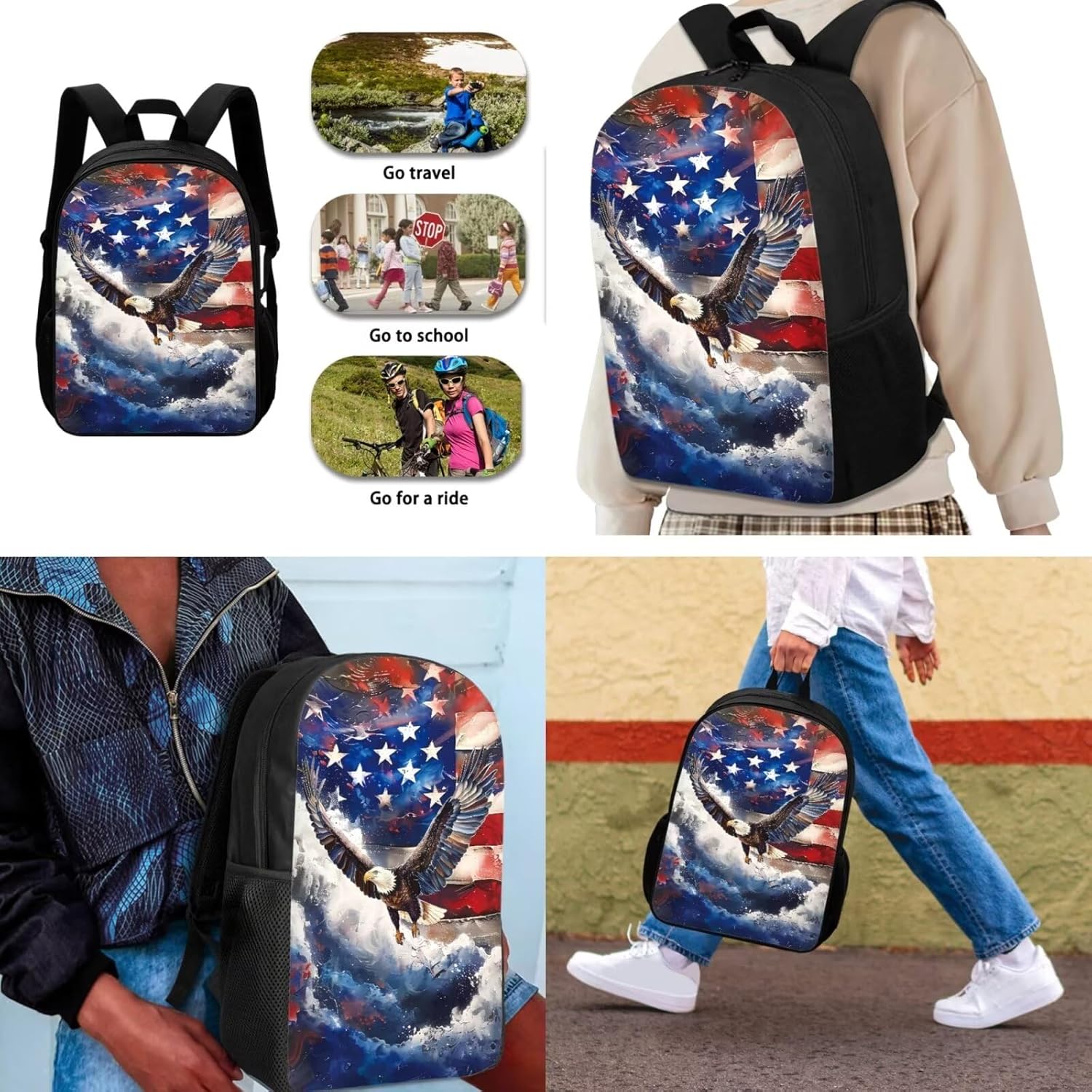3PCS American Flag Eagle Printed Black Laptop Bookbags for Girls Boys, Student Computer Backpack Lunch Tote Bag Pen Case Organizer