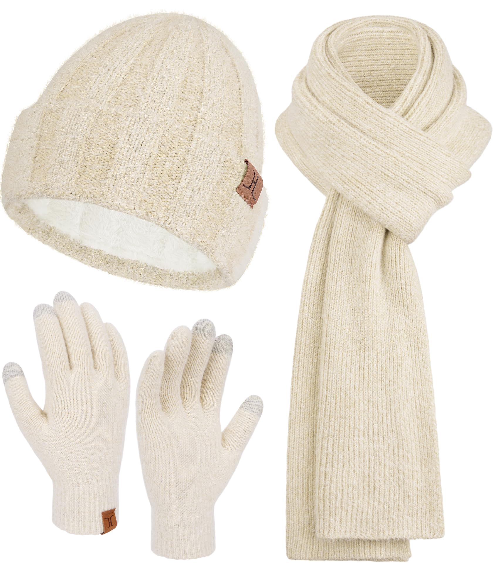 Femme Hiver Chaud Tricoter Bonnet Chapeau Gants Tactiles Longue Echarpe Ensemble avec Doublure Polaire Casquette Crâne