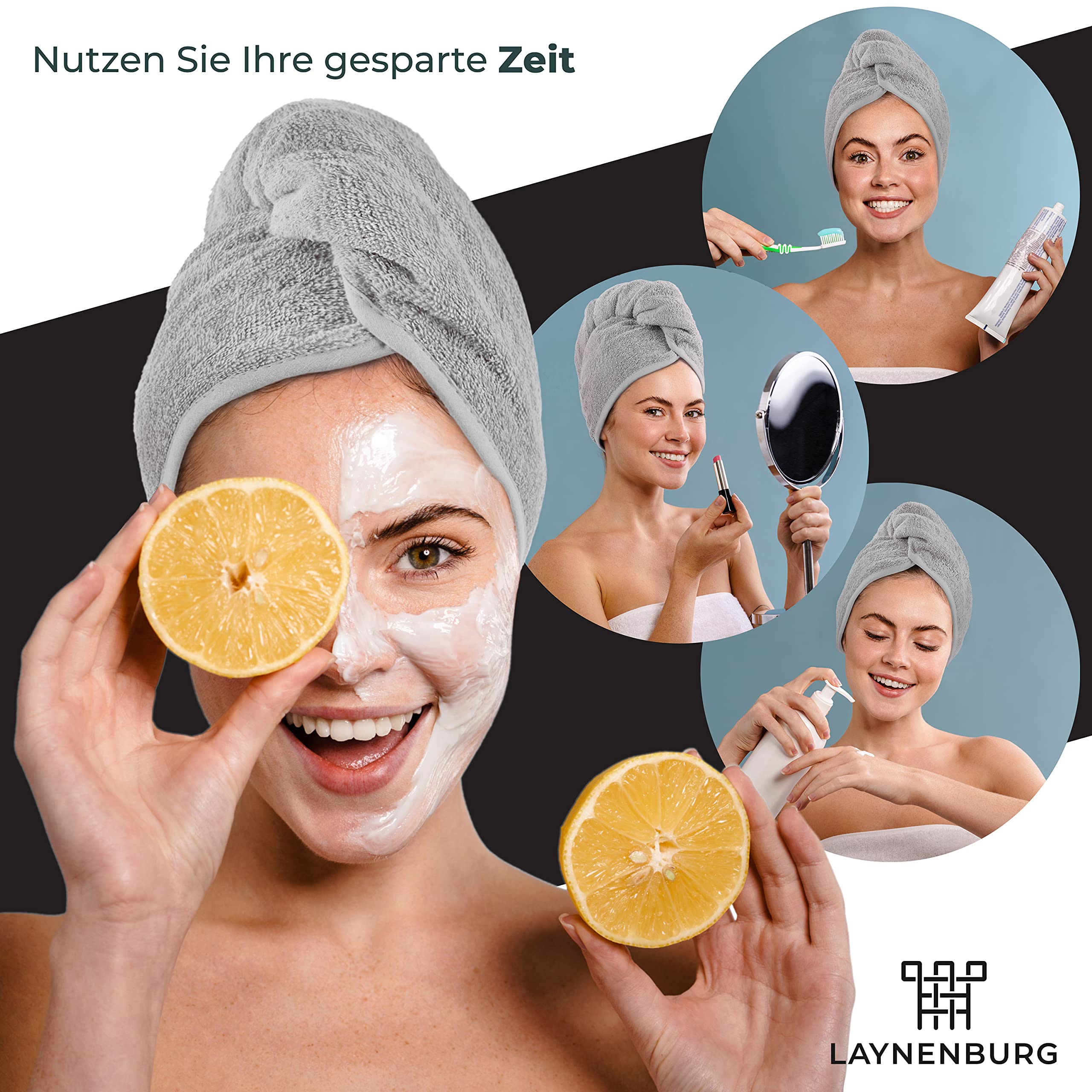 LAYNENBURG 2er-Set Premium Haarturban mit Knopf aus 100% Baumwolle - Haarhandtuch - für Kurze und Lange Haare – Turban Handtuch ist schnelltrocknend und saugstark (grau)