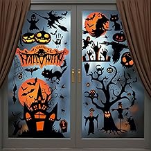 Halloween Fenêtre Autocollants, Cshare Château Chauve-souris Fantôme Citrouille Autocollants Effrayants pour Fenêtres Halloween, Réutilisables Double Face pour La Décoration de Fêtes, 8 Feuilles