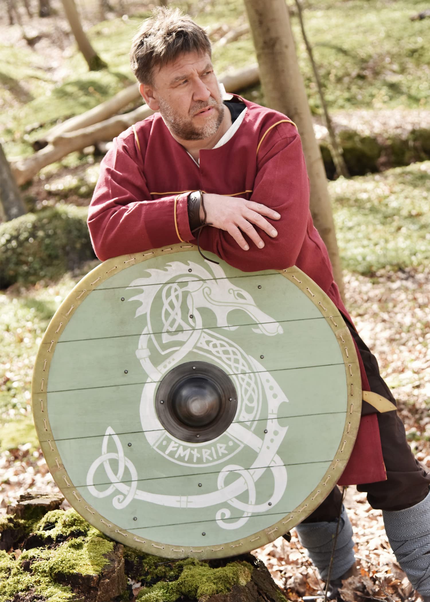 Battle-Merchant | Rundschild mit Fenrir-Motiv | handbemalter Wikingerschild aus Holz | 80cm (31,5 Zoll) | Wikinger Mittelalter Schild für Erwachsene