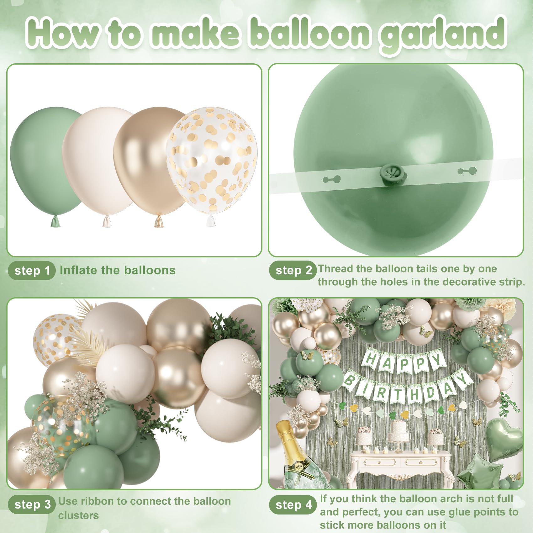 Ouddy Life Decoración de cumpleaños verde salvia, cortina de flecos de globos de confeti verde blanco y dorado, pancarta de feliz cumpleaños, decoración de pastel para mujeres, niñas, niños, neutro,