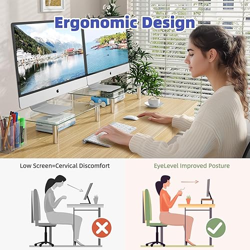 Miniatura 7 de Simple Trending Paquete de 2 elevadores para monitor de computadora con altura ajustable, vidrio templado, soporte de escritorio multimedia para TV