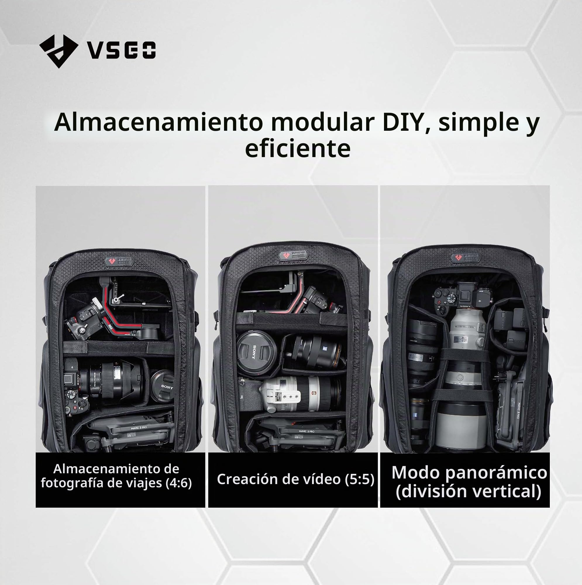 VSGO Mochila profesional para cámara DSLR/SLR de 20 litros, compatible con cámaras Sony, Canon, Nikon, estabilizadores DJI y portátiles de 15.6 pulgadas, accesorios de trípode de lente, etc.