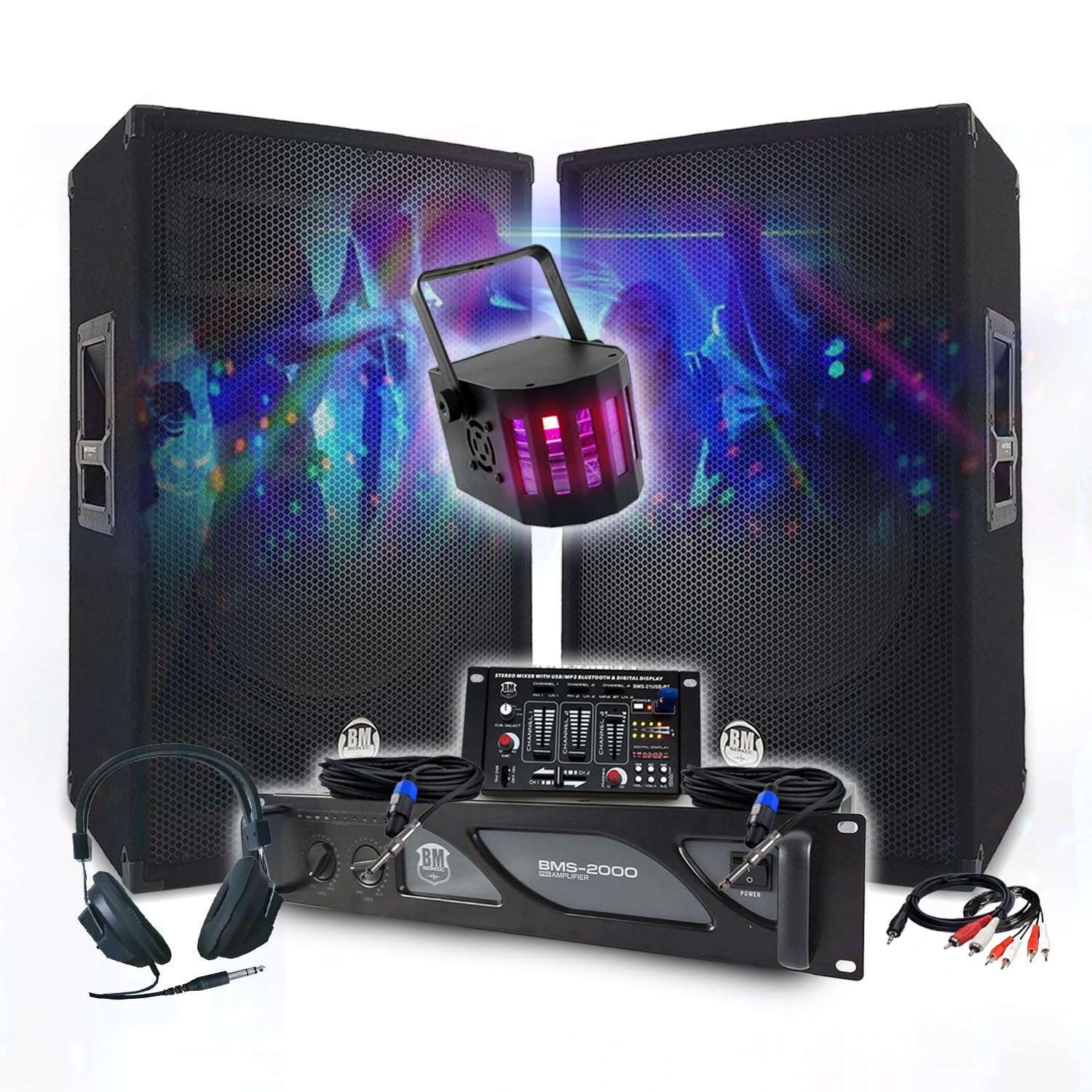 Pack Sono DJ 3400W Amplificateur 2000W, Paire d'Enceintes 2x700W, Table de Mixage, Casque DJ, Câbles et Micro, Eclairage LED