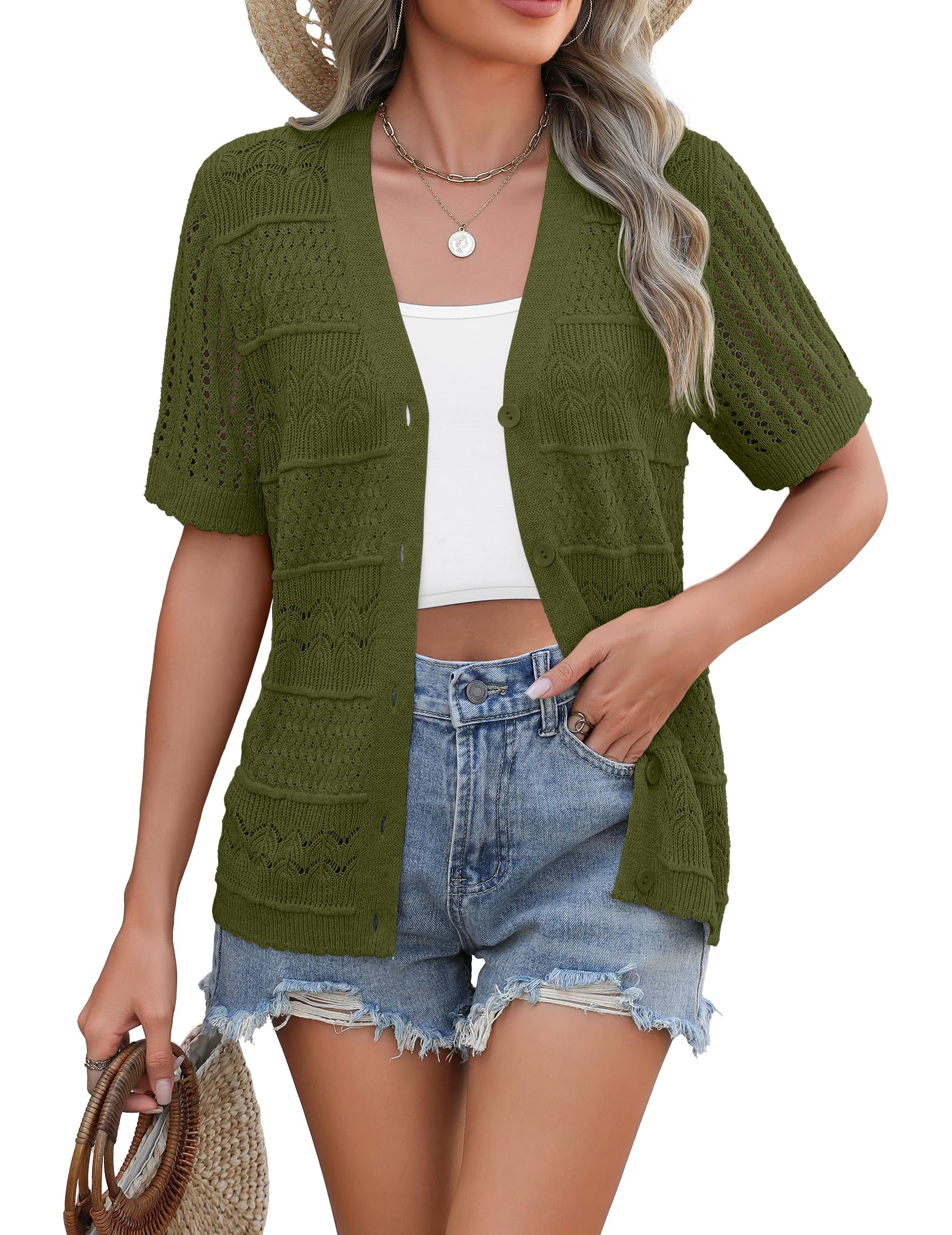 Zeagoo Women's 2026 Summer Short Sleeve Crochet Cardigan V Neck Cropped Lightweight Button up Bolero Shrug Sweater