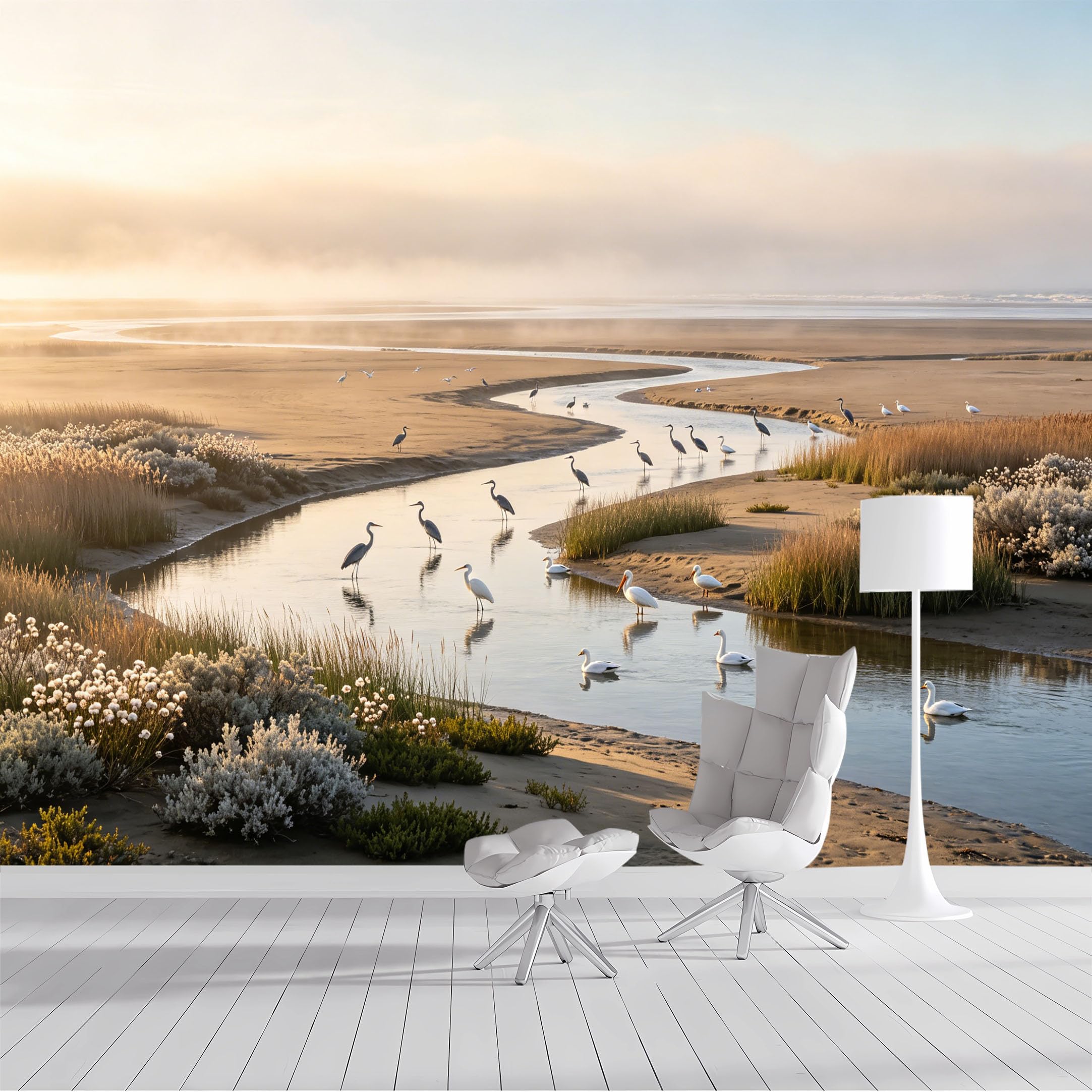 Custom Size Wall Mural Coastal Birds Serene Waterfowl Serenity Seascape Landscape SelfAdhesive Wall Fabric Removable Peel and Stick Wallpaper Wall Decor for Living Room Bedroom Bathroom