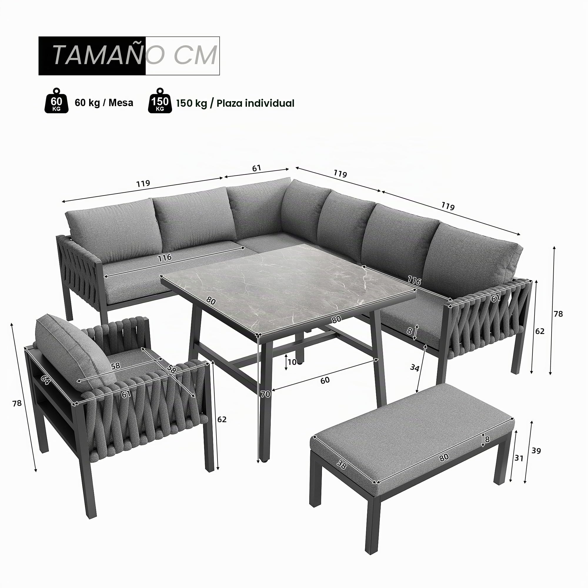 Mrwoo Juego de Muebles de Jardín de Cuerda, Sofá Esquinero Exterior con Hierro Galvanizado, Mesa con Cristal Templado, Patas Ajustables, Cojines de Asiento y Respaldo Incluidos, Gris