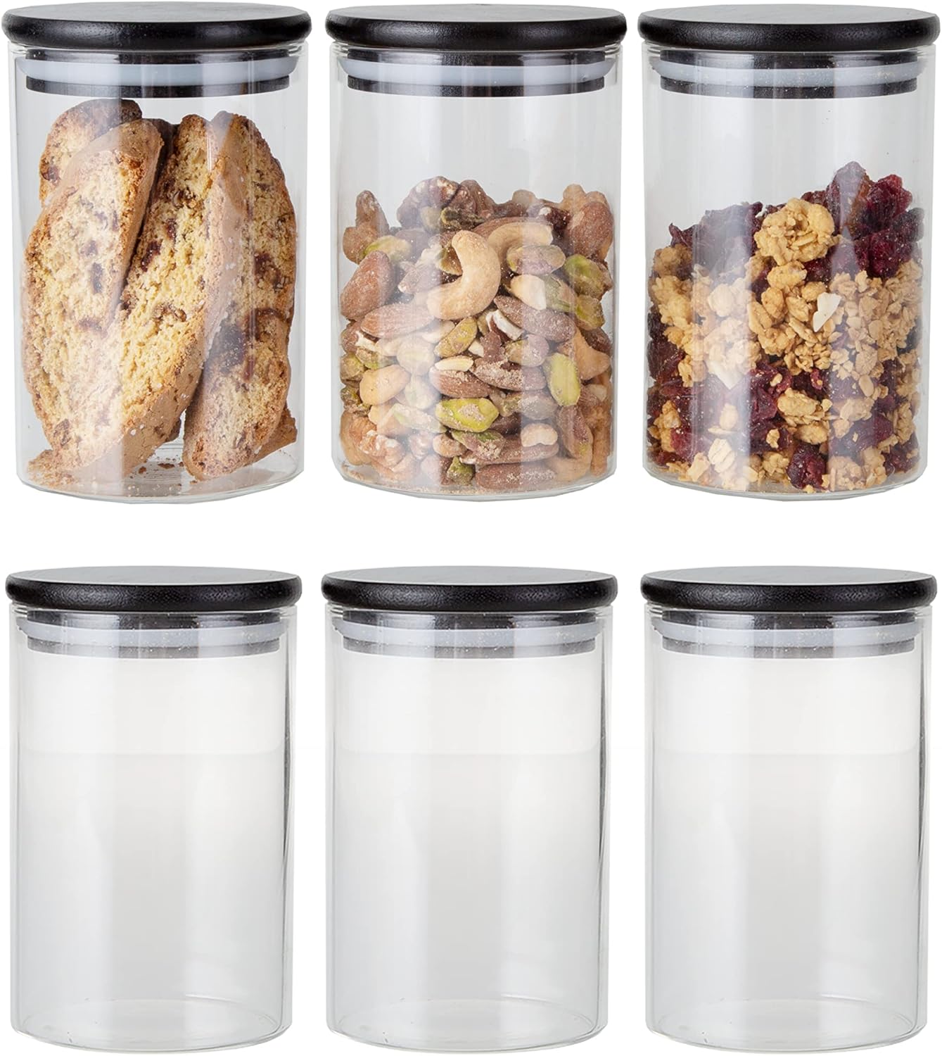 Crutello Glass Food Storage Containers with Black Bamboo Lids, 6 Pack – 16 Fluid oz Airtight Clear Kitchen Organization Canisters with Black Lids Crutello Glass Food Storage Containers with Black Bamboo Lids, 6 Pack – 16 Fluid oz Airtight Clear Kitchen Organization Canisters with Black Lids
