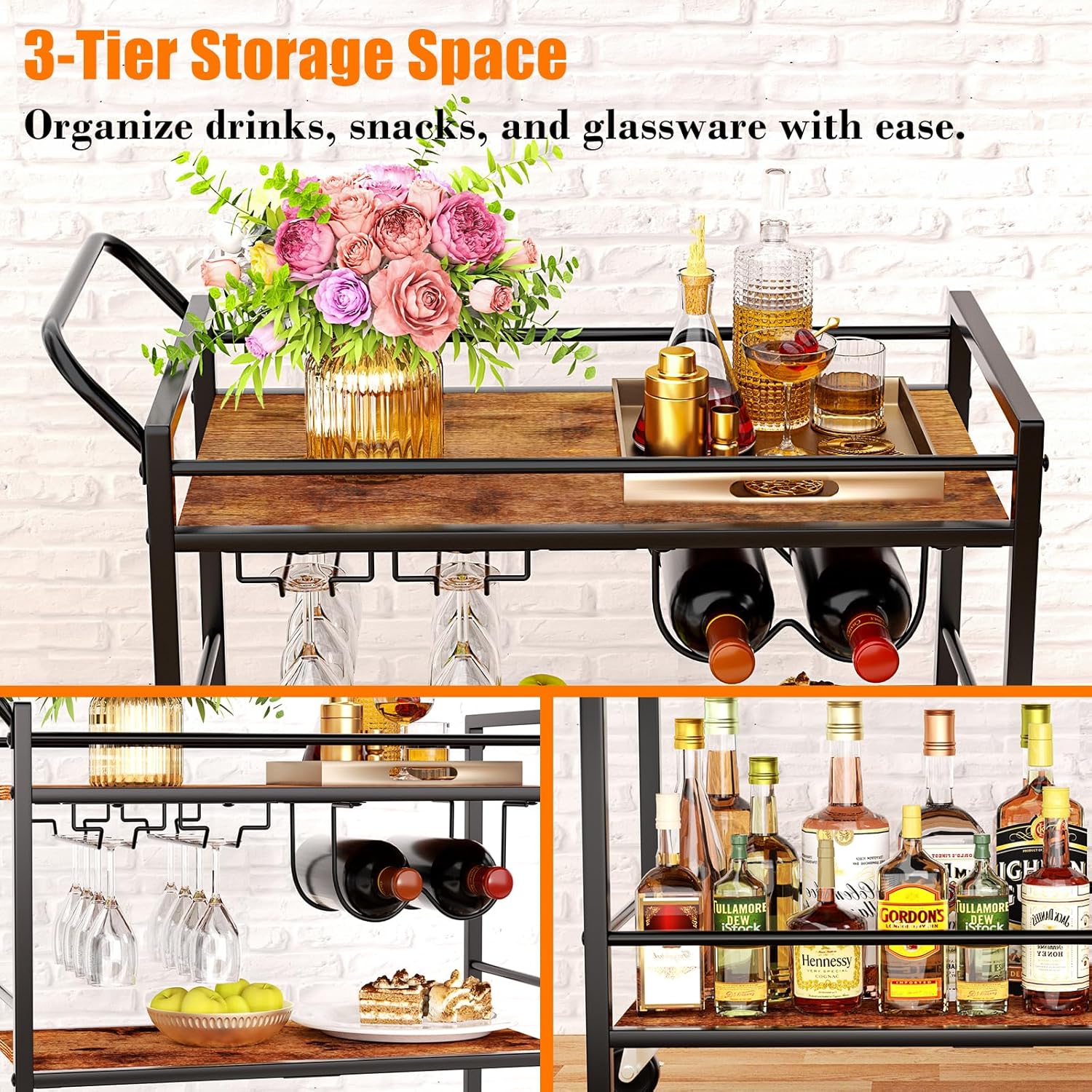 Condition photo showing New/Like New for bar cart,3 tier carts with wheels,serving rolling carts,small wine rack and glass holder rolling cart for kitchen, outdoor, dining room-black.