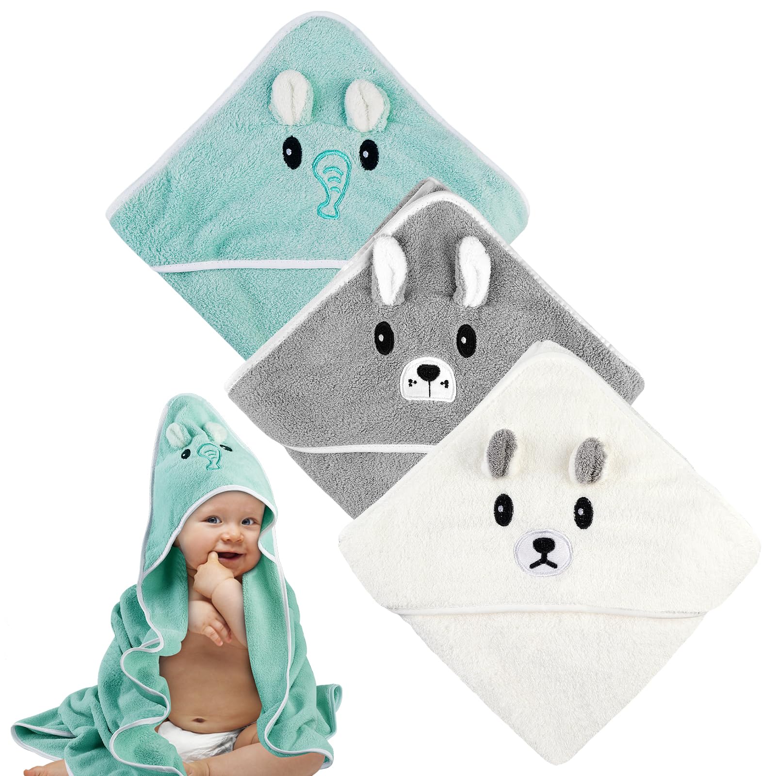 BORDEAG Cape de Bain Bébé: 3 Pièces Sortie de Bain Bébé, Serviette de Bain 80 x 80 cm, Serviette Naissance Coton, Poncho de Bain Bebe Doux Absorption Forte, Fille Garcon