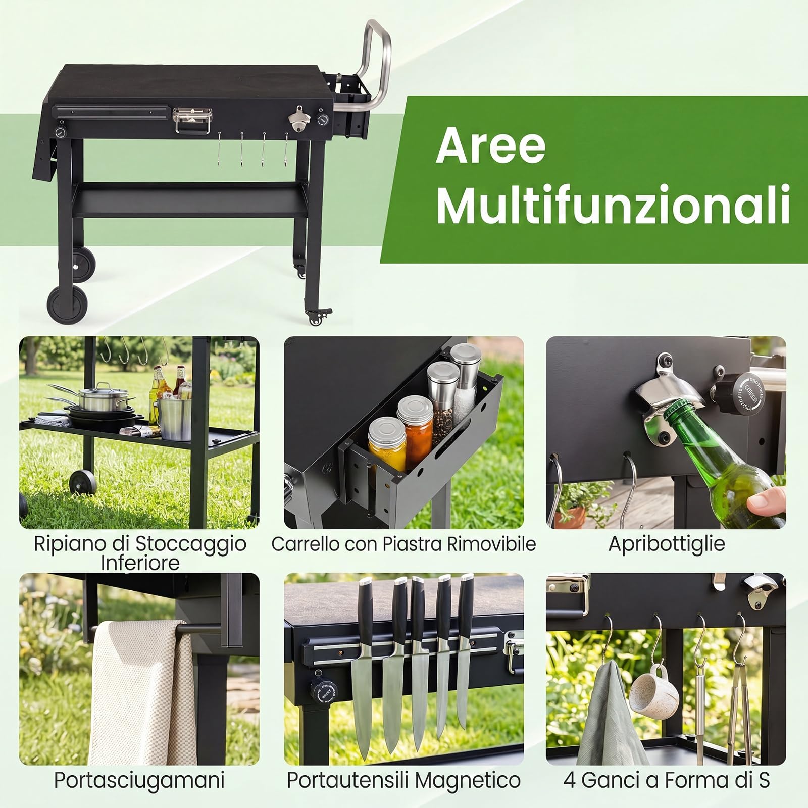COSTWAY Carrello per Barbecue con 4 Ruote, per Festa e Campeggio | Carrello per Grill da Esterno con Portaspezie Apribottiglie Portautensili Magnetico e Ganci, Isola da Cucina, 118x43x88 cm
