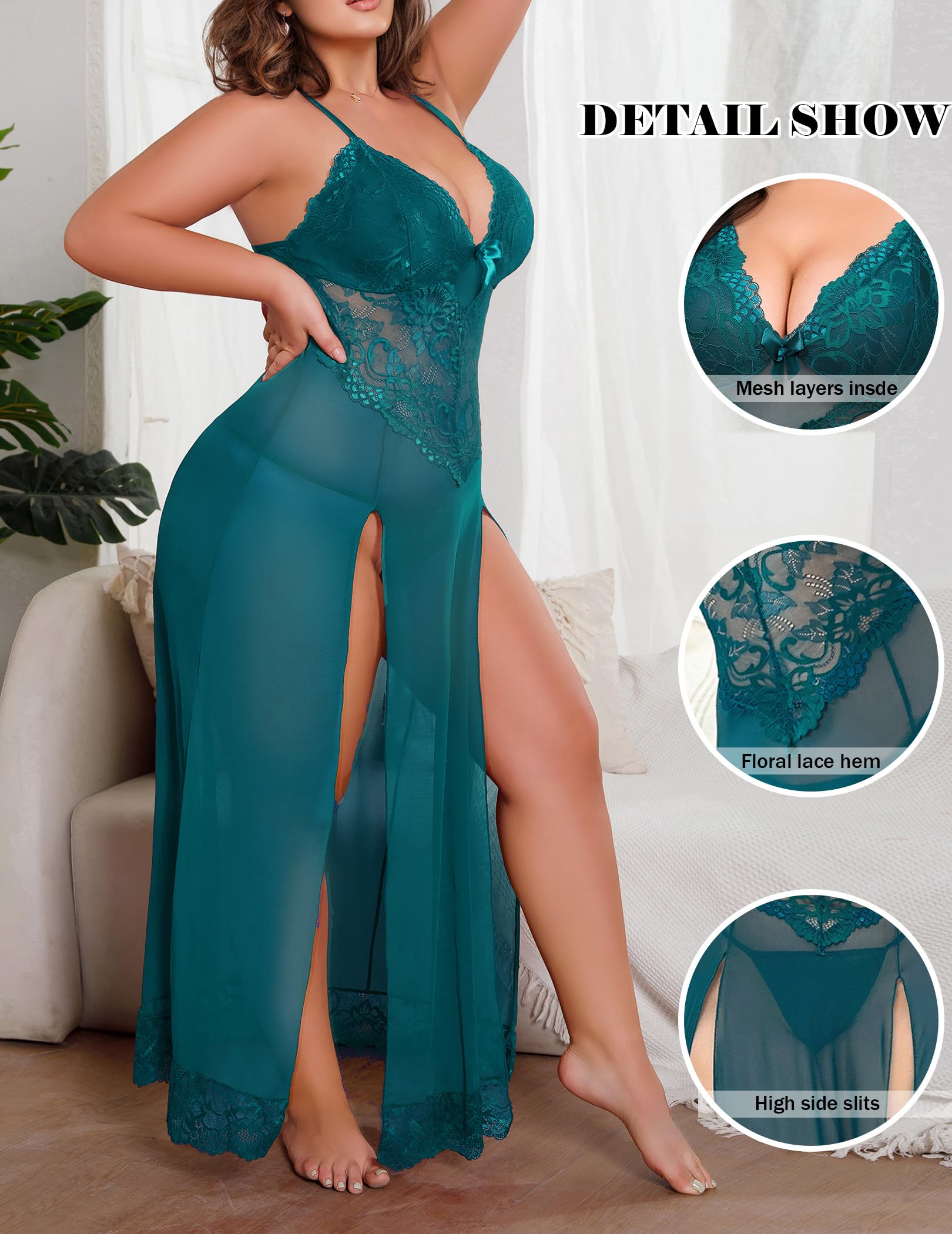 Alrovetoney Plus Size Lingerie For Women Babydoll Sexy Mesh Maxi Nightdress Exotic Sleepwear Side Slits: Dark Green 3X-Large